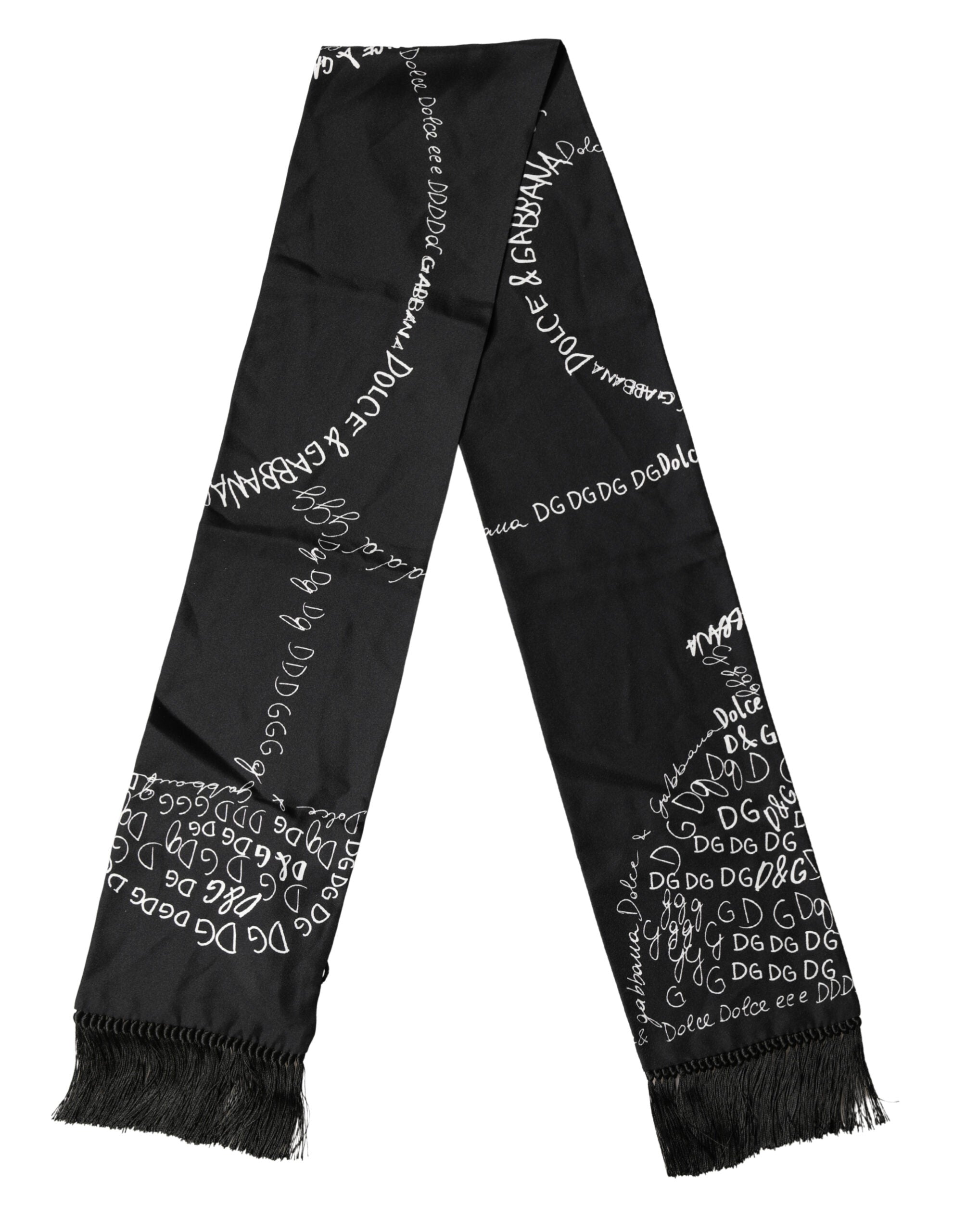Dolce & Gabbana Black Logo Script Print Sik Foulard 137.5cm X 15cm Scarf