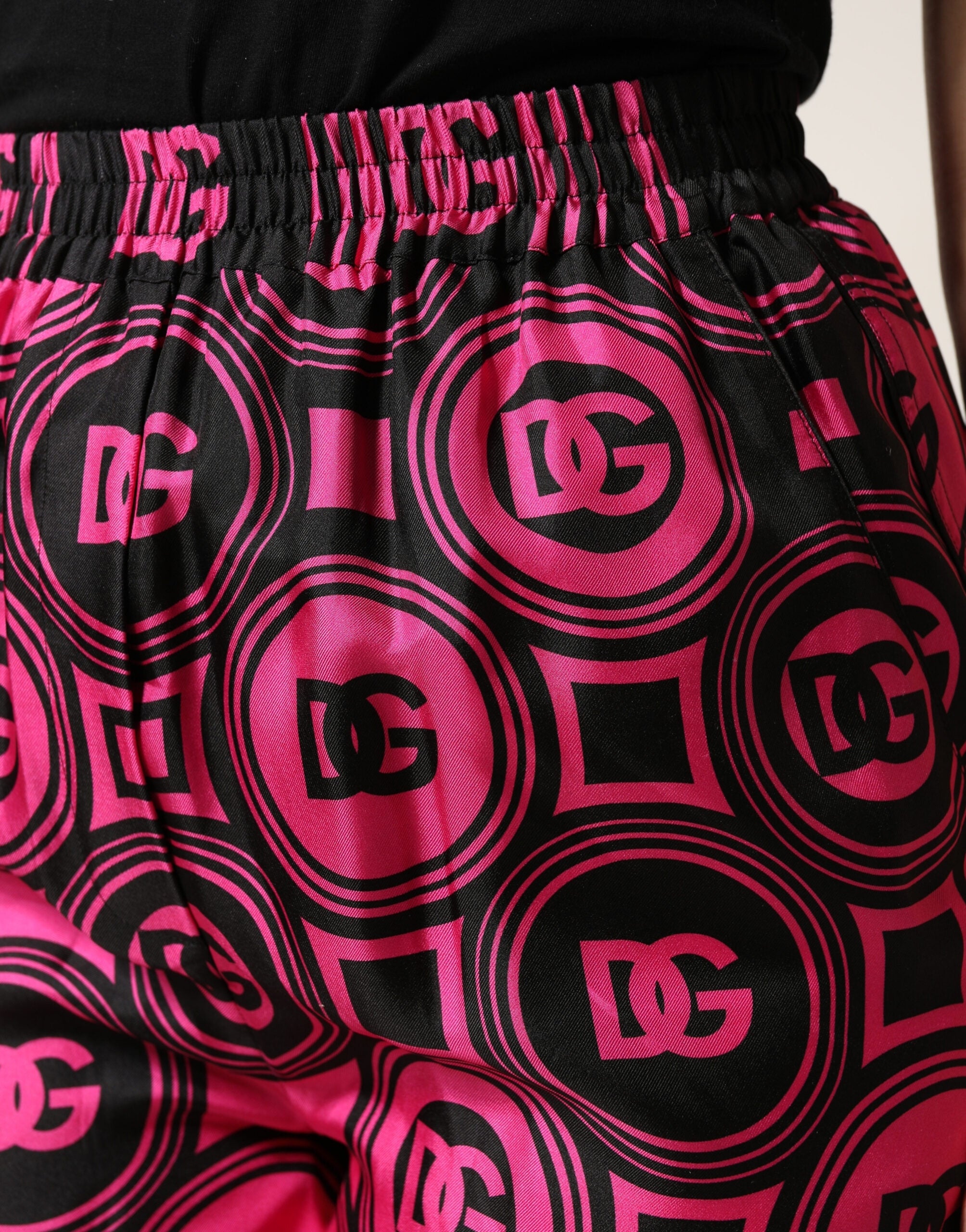 Dolce & Gabbana Black Fuchsia Silk Logo Elastic Waist Shorts