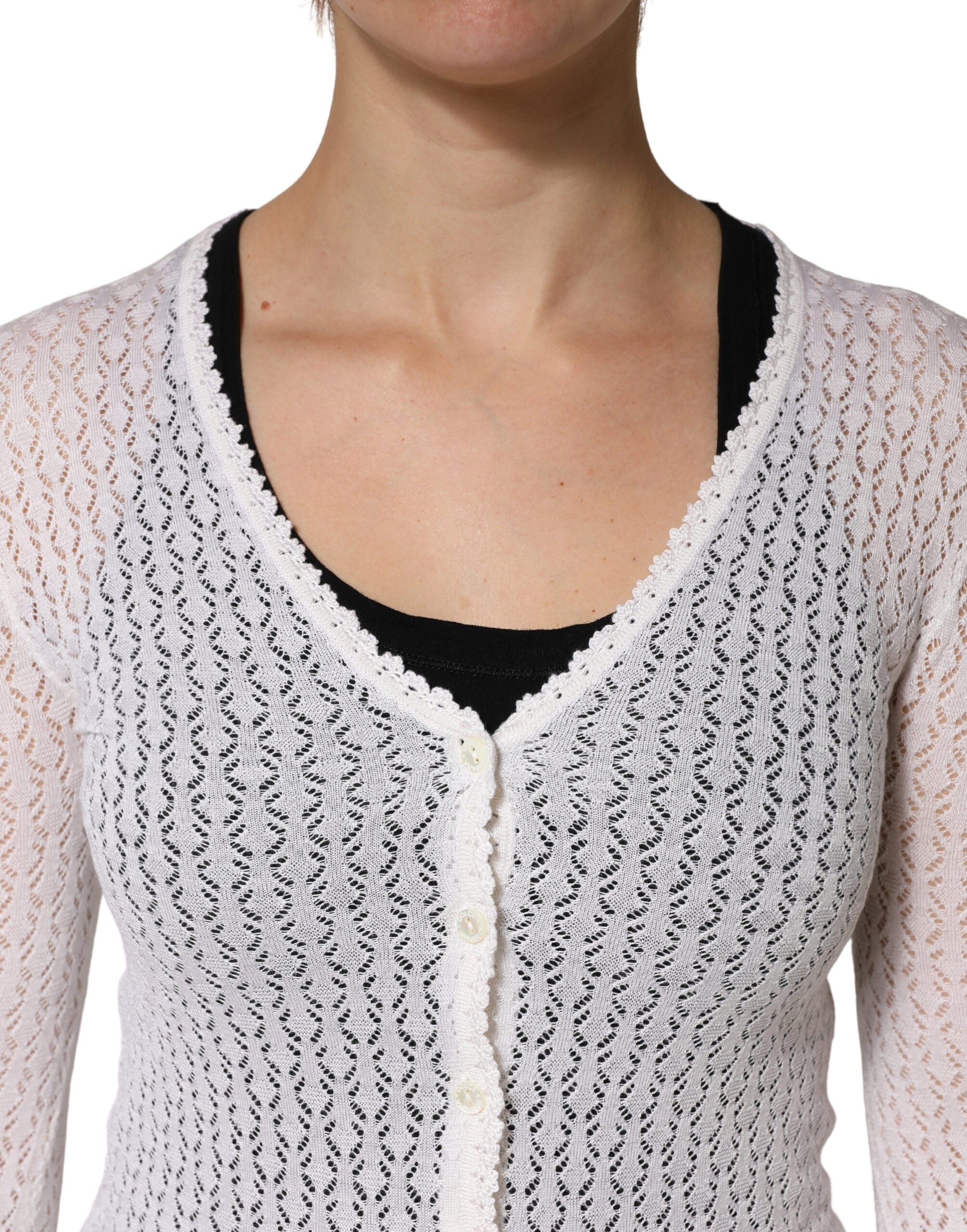 Dolce & Gabbana White Lace Silk Knit Long Sleeves Cardigan Top