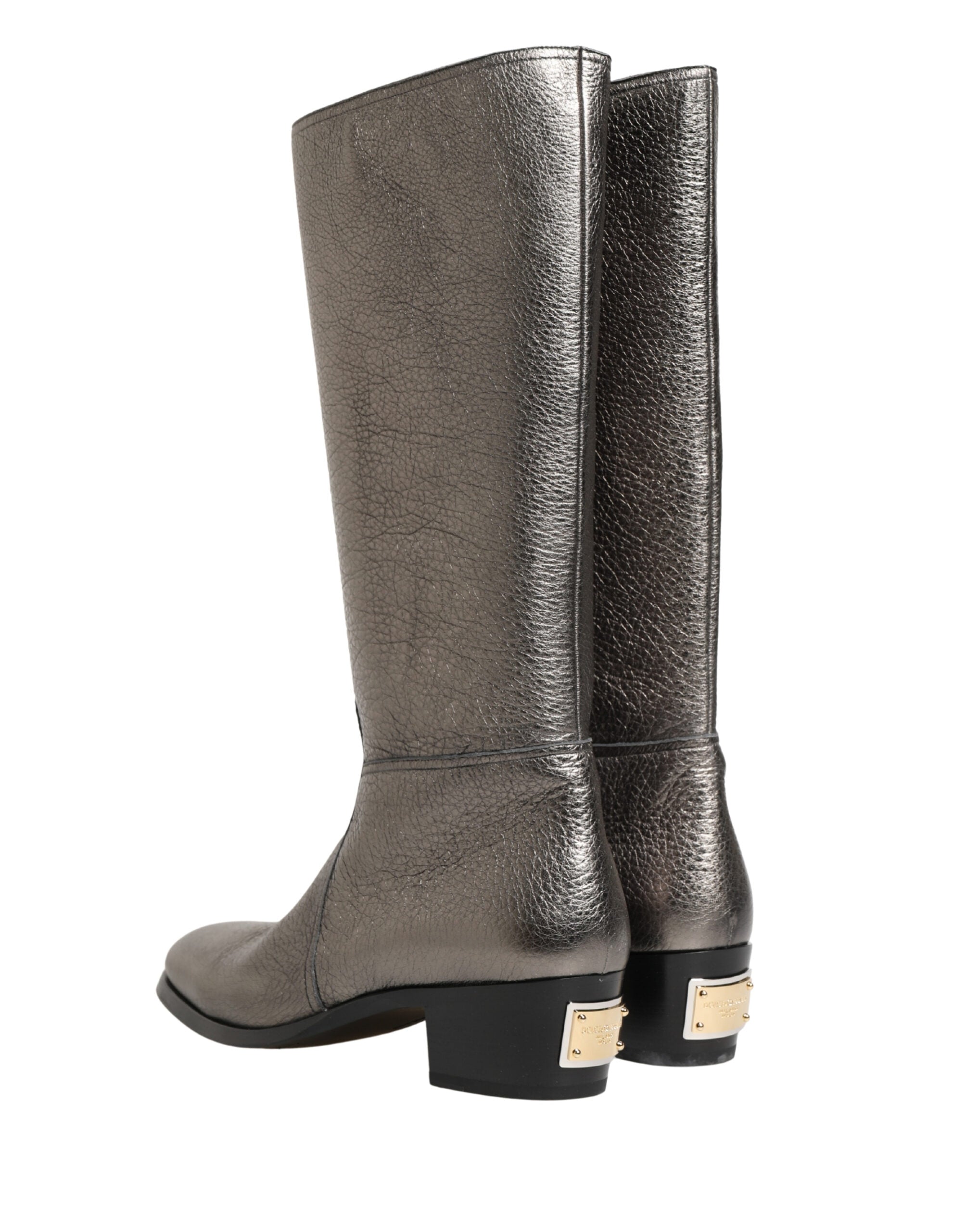 Dolce & Gabbana Metallic Silver Leather Knee High Boots Shoes