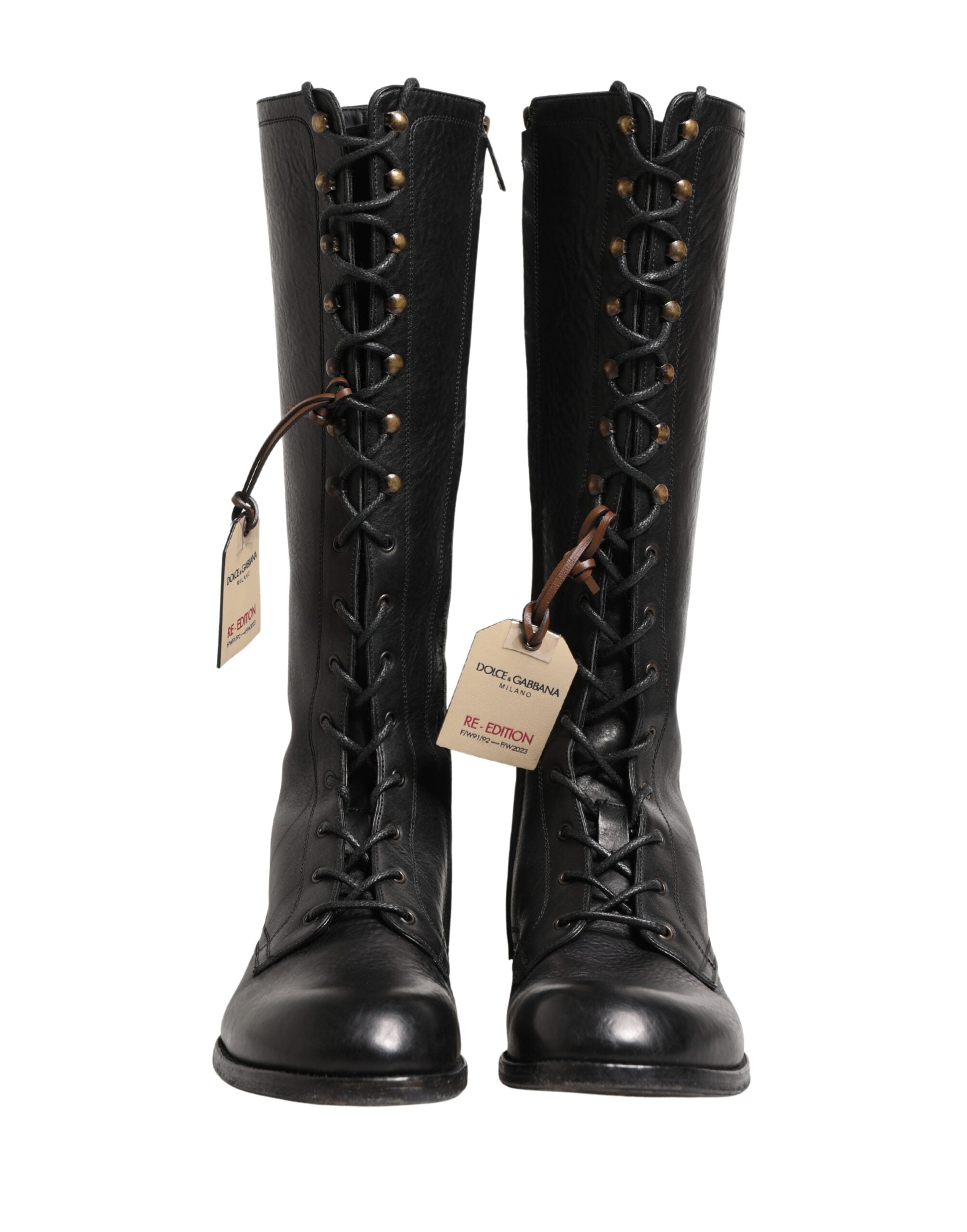 Dolce & Gabbana Re-Edition Black Leather Lace Up Boots Shoes