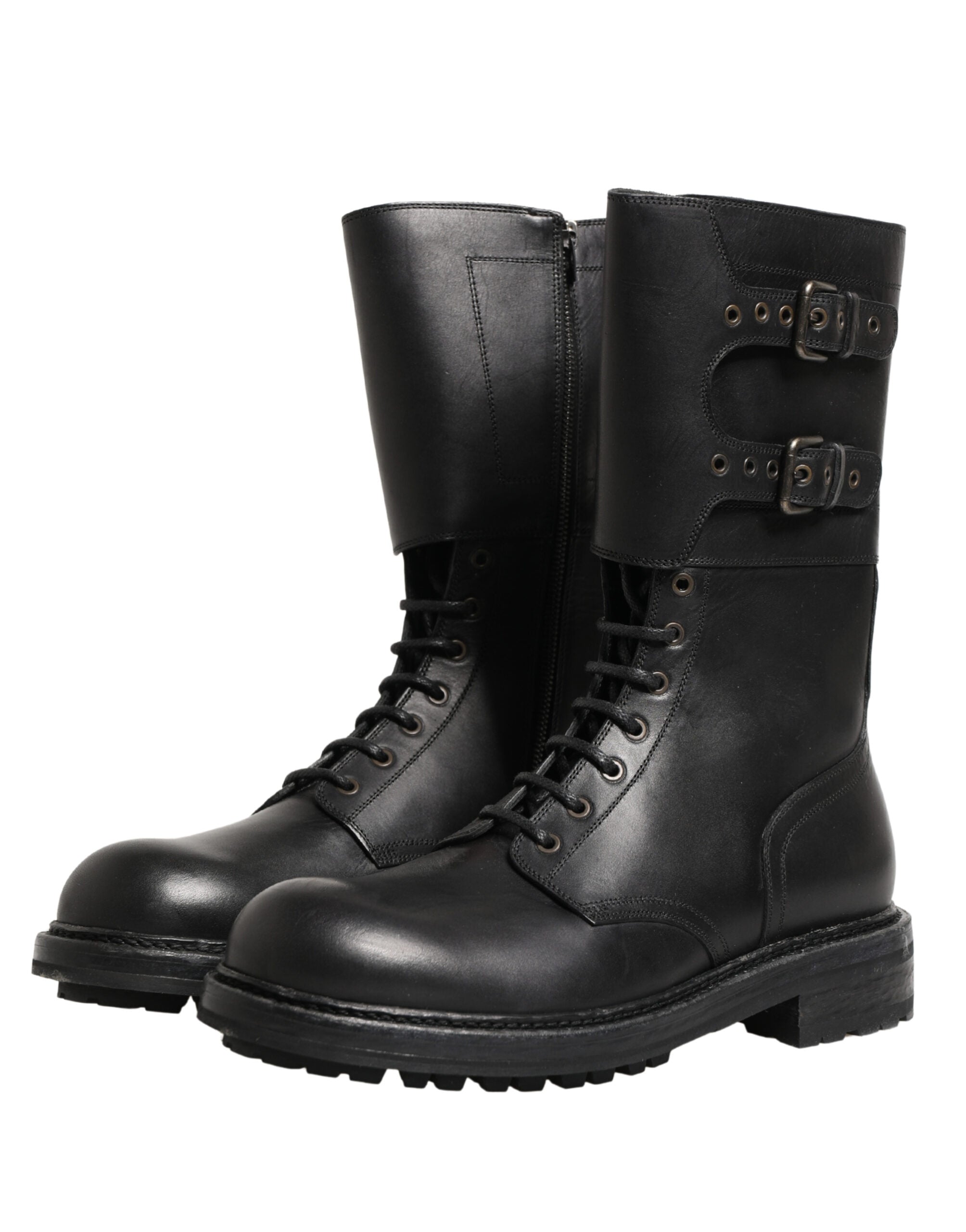 Dolce & Gabbana Black Leather Belted Buckle Combat Boots Shoes