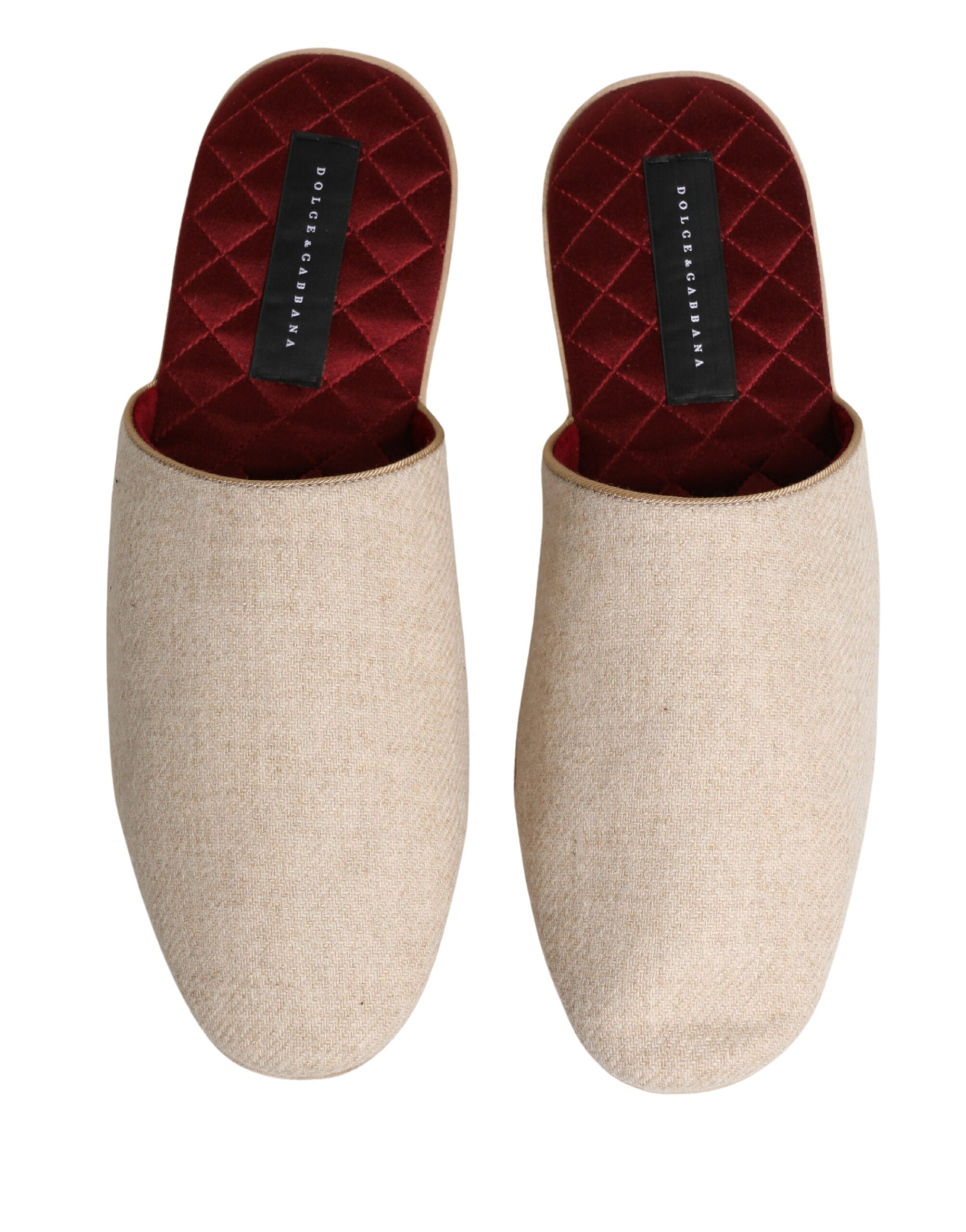 Dolce & Gabbana Beige Shetland Wool Red Quilted Slippers Shoes
