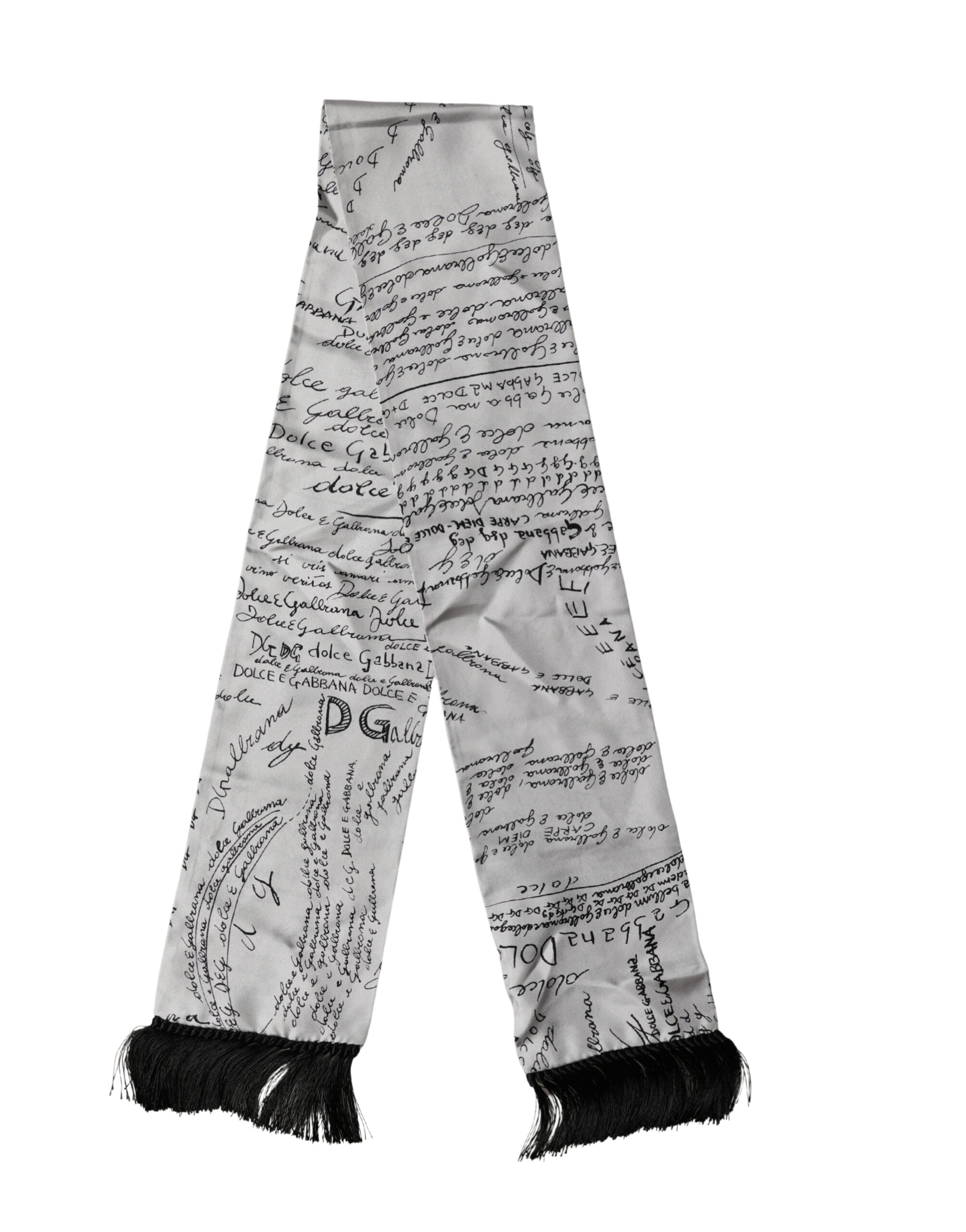 Dolce & Gabbana Scarf White Silk Script Logo Print Fringe 150cm x15cm Men