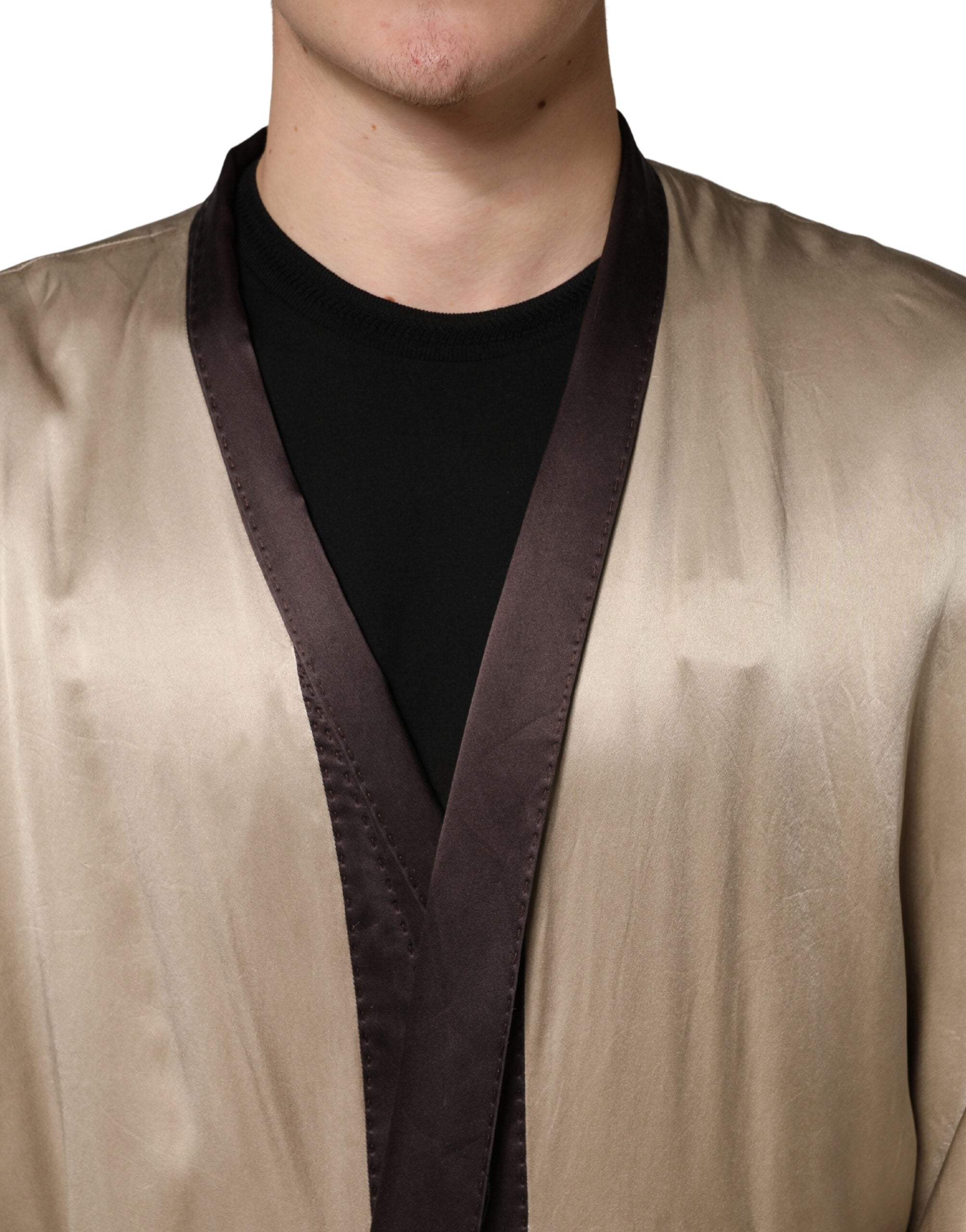 Dolce & Gabbana Beige Silk Satin Long Coat Robe Jacket