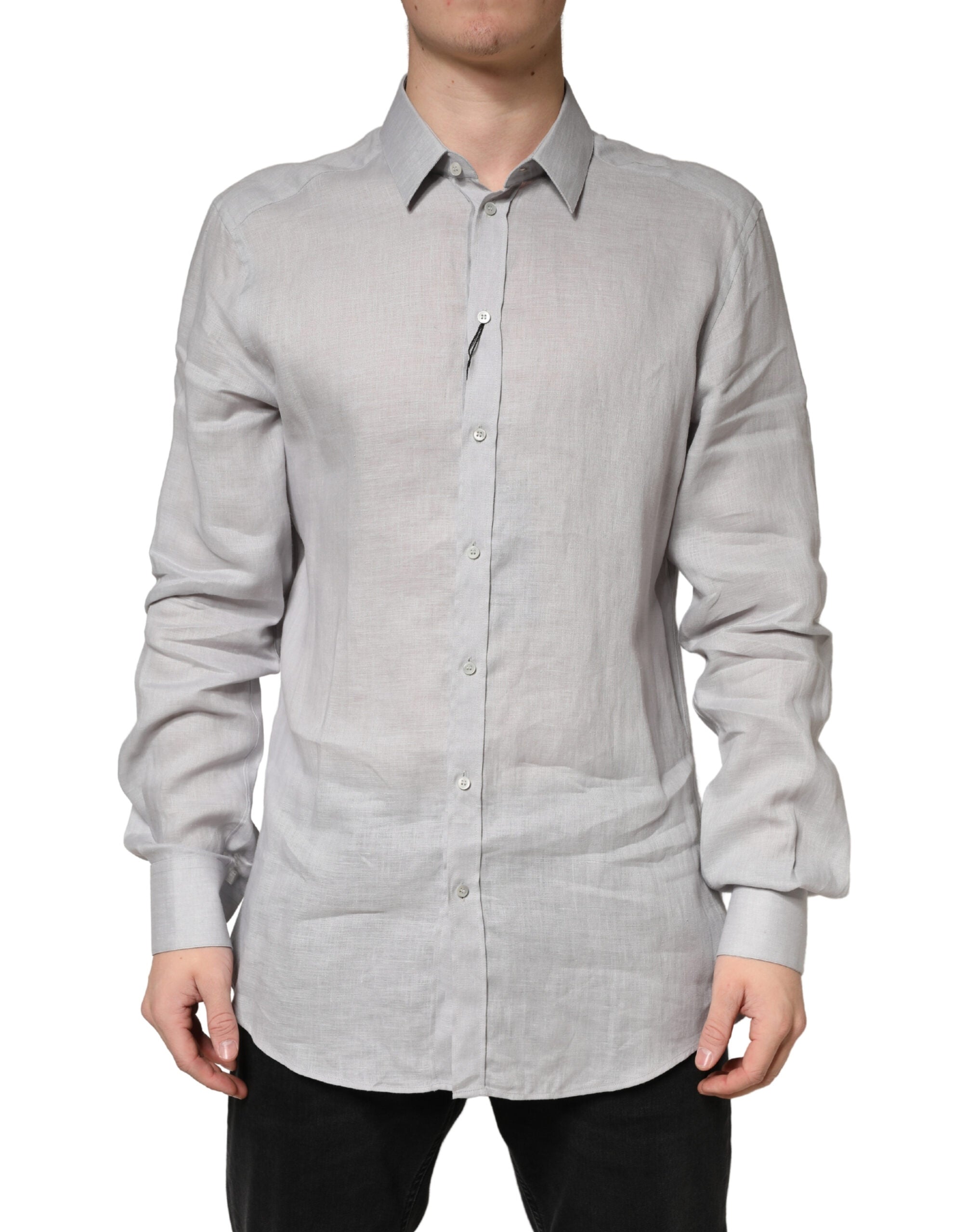 Dolce & Gabbana Gray GOLD Linen Long Sleeves Dress Men Shirt
