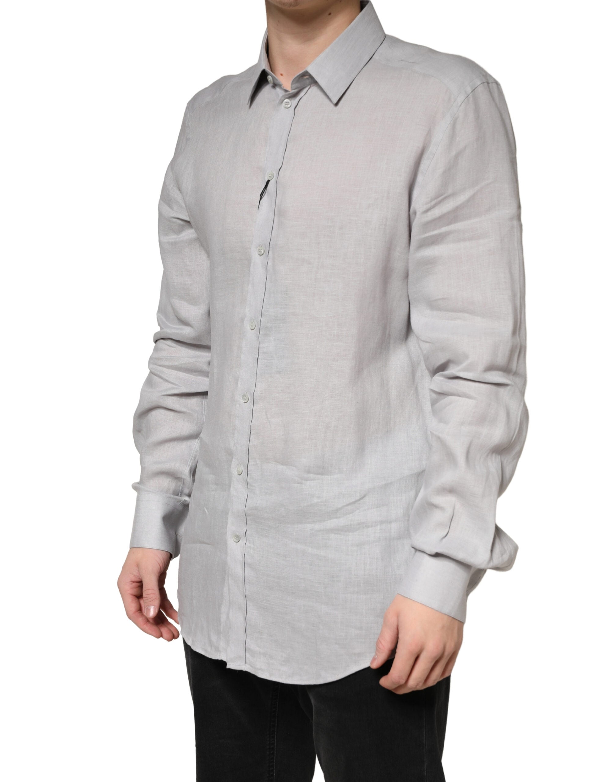 Dolce & Gabbana Gray GOLD Linen Long Sleeves Dress Men Shirt