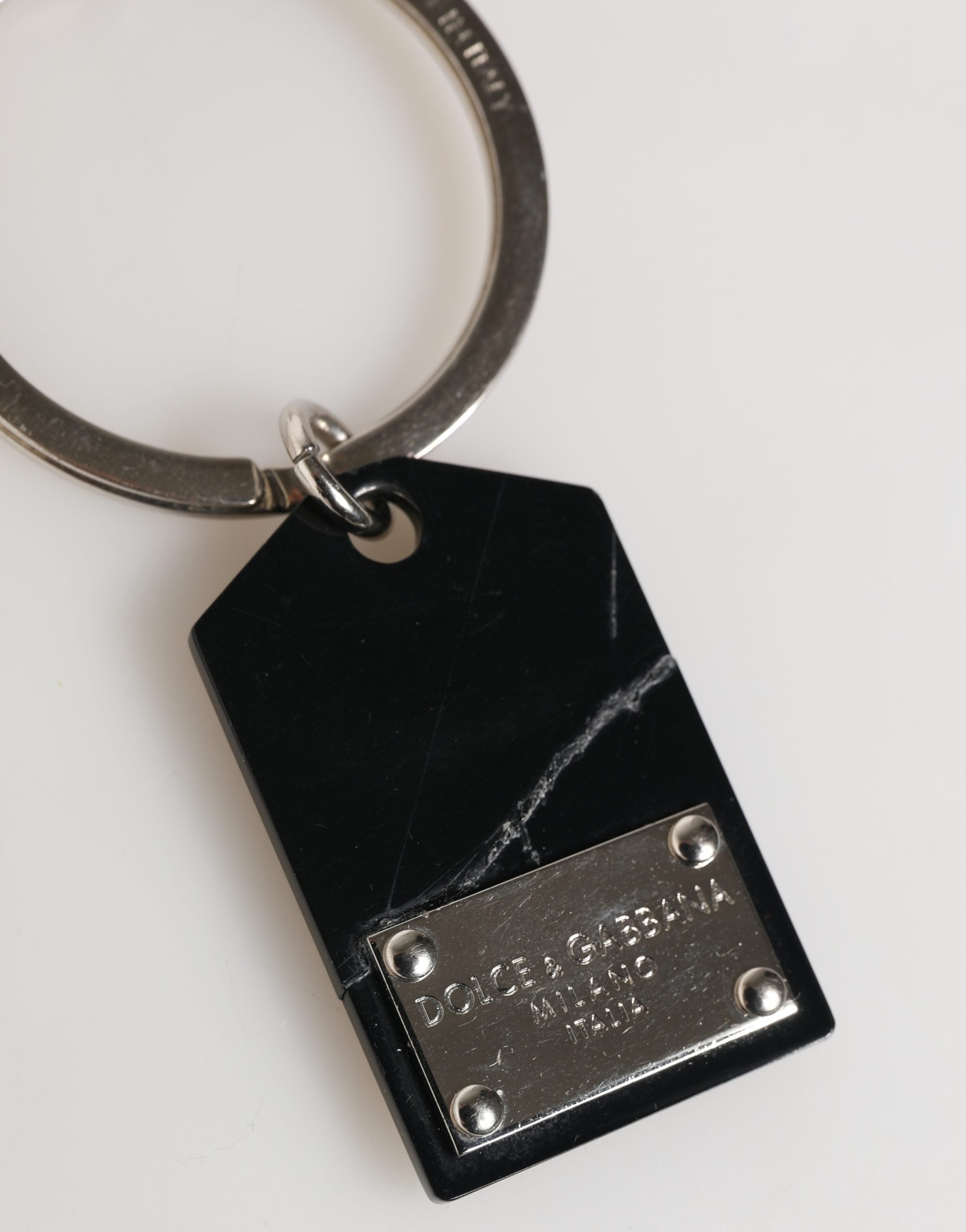 Dolce & Gabbana Black Silver Brass LogoPlaque Metal Ring Keyring  Keychain