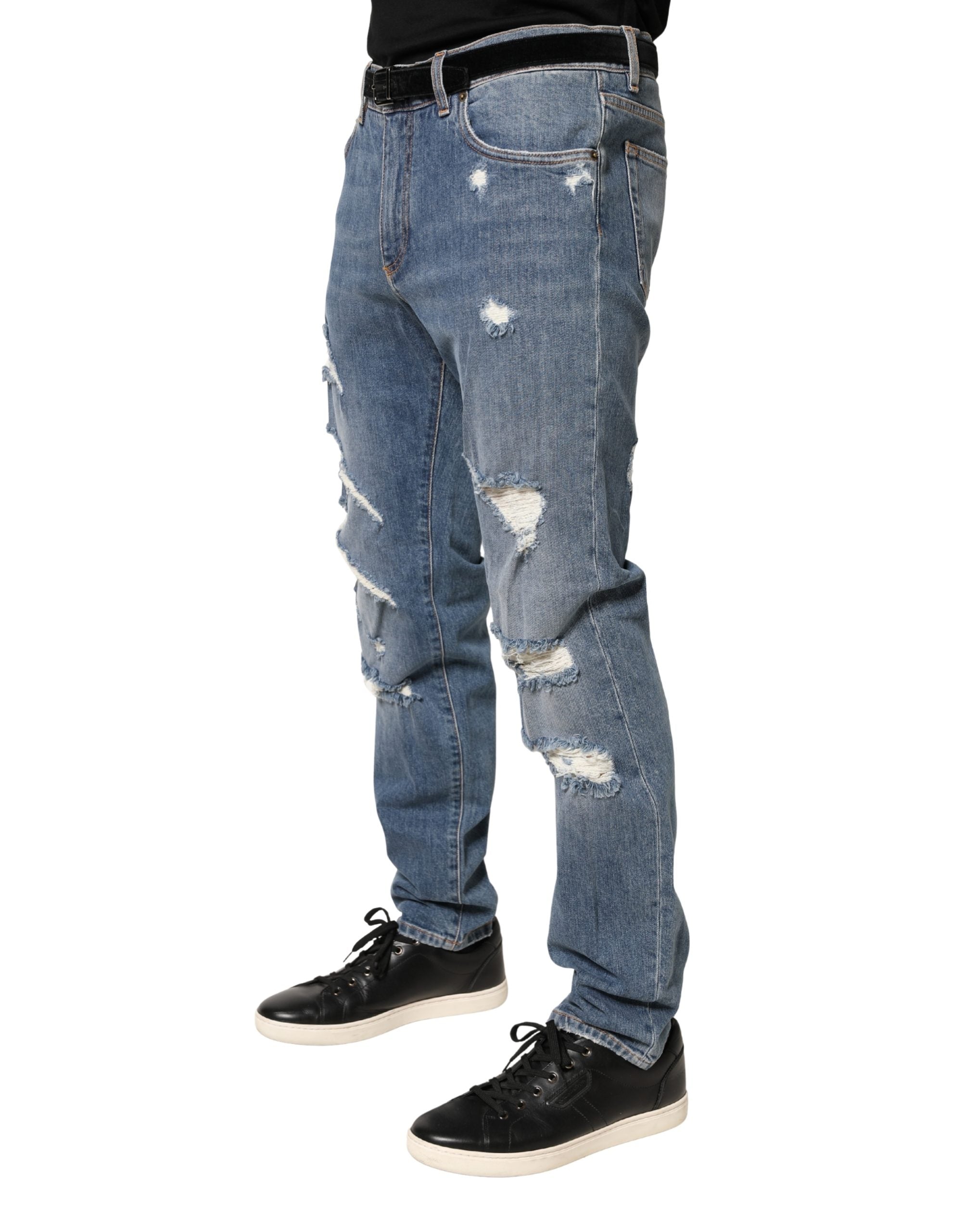 Dolce & Gabbana Blue Tattered Slim Fit Cotton Denim Jeans