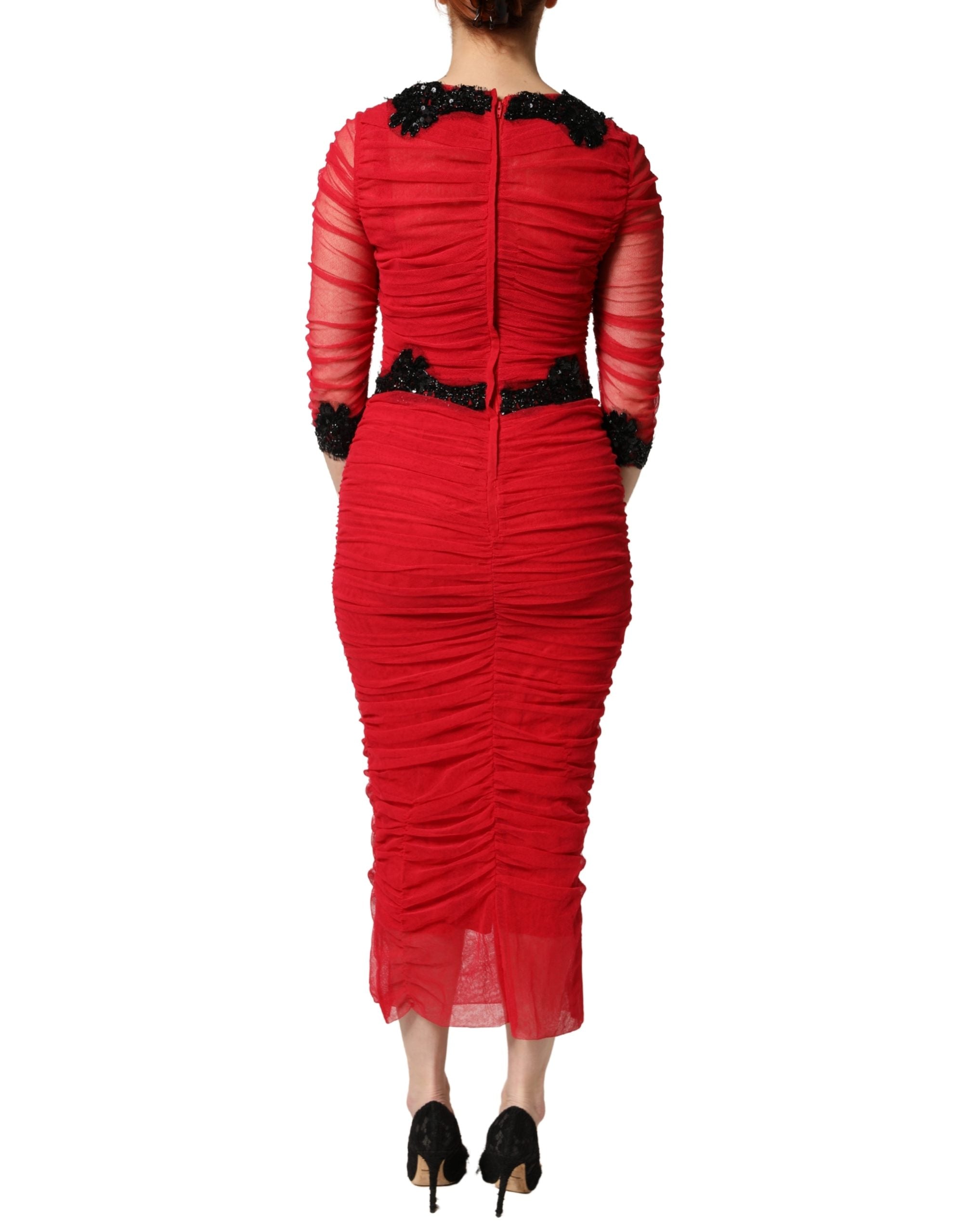 Dolce & Gabbana Red Mesh Trim Bodycon Sheath Midi Dress