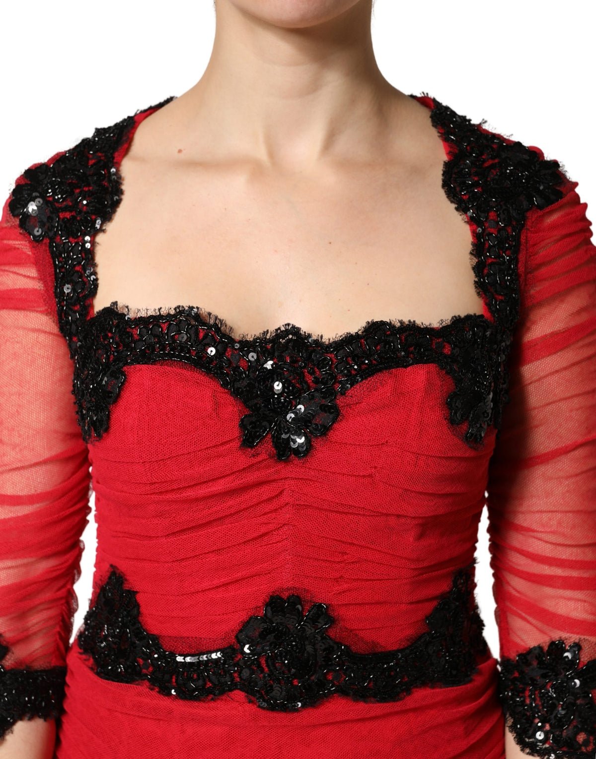Dolce & Gabbana Red Mesh Trim Bodycon Sheath Midi Dress