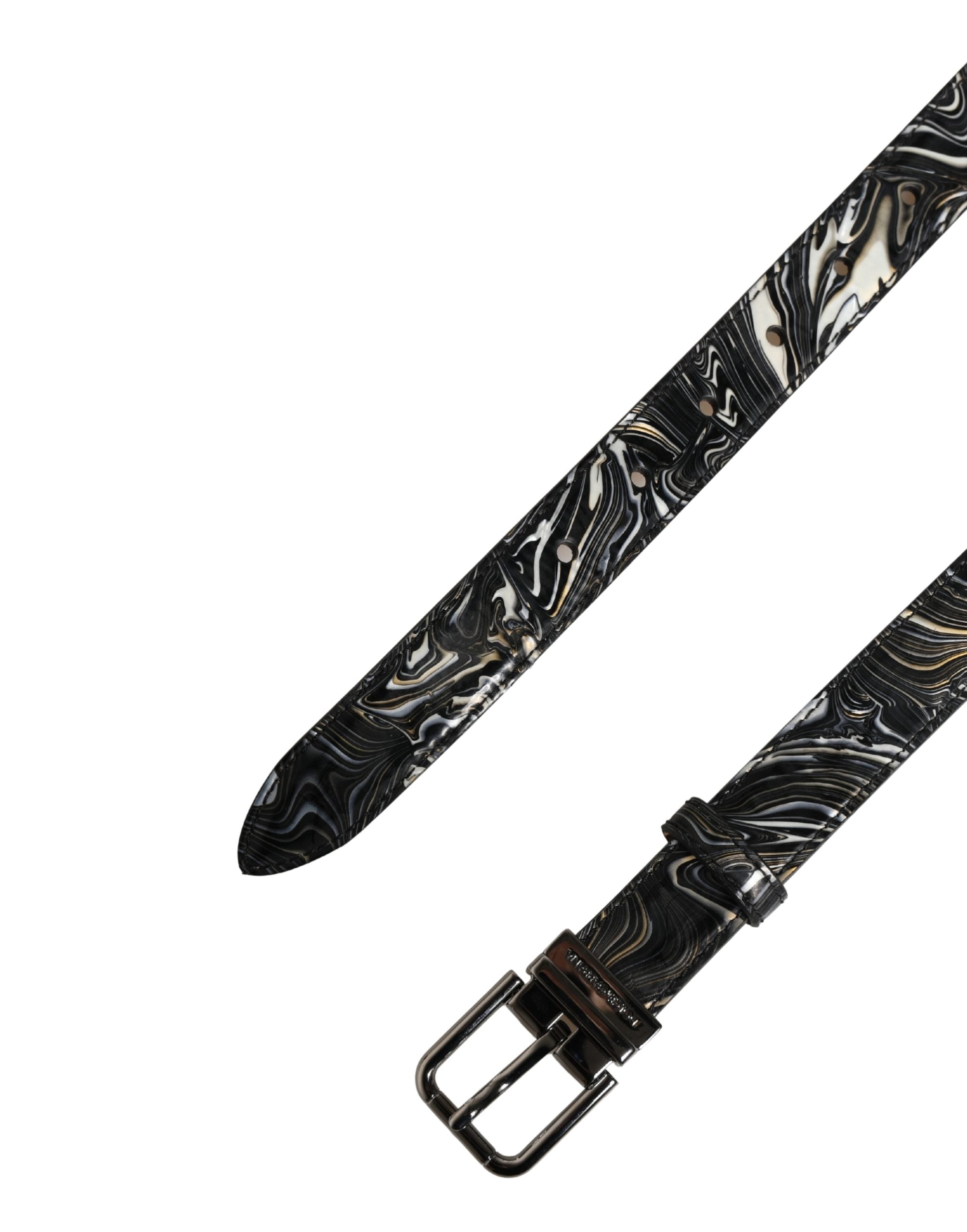 Dolce & Gabbana Men Black Marble Leather Metal Buckle Belt