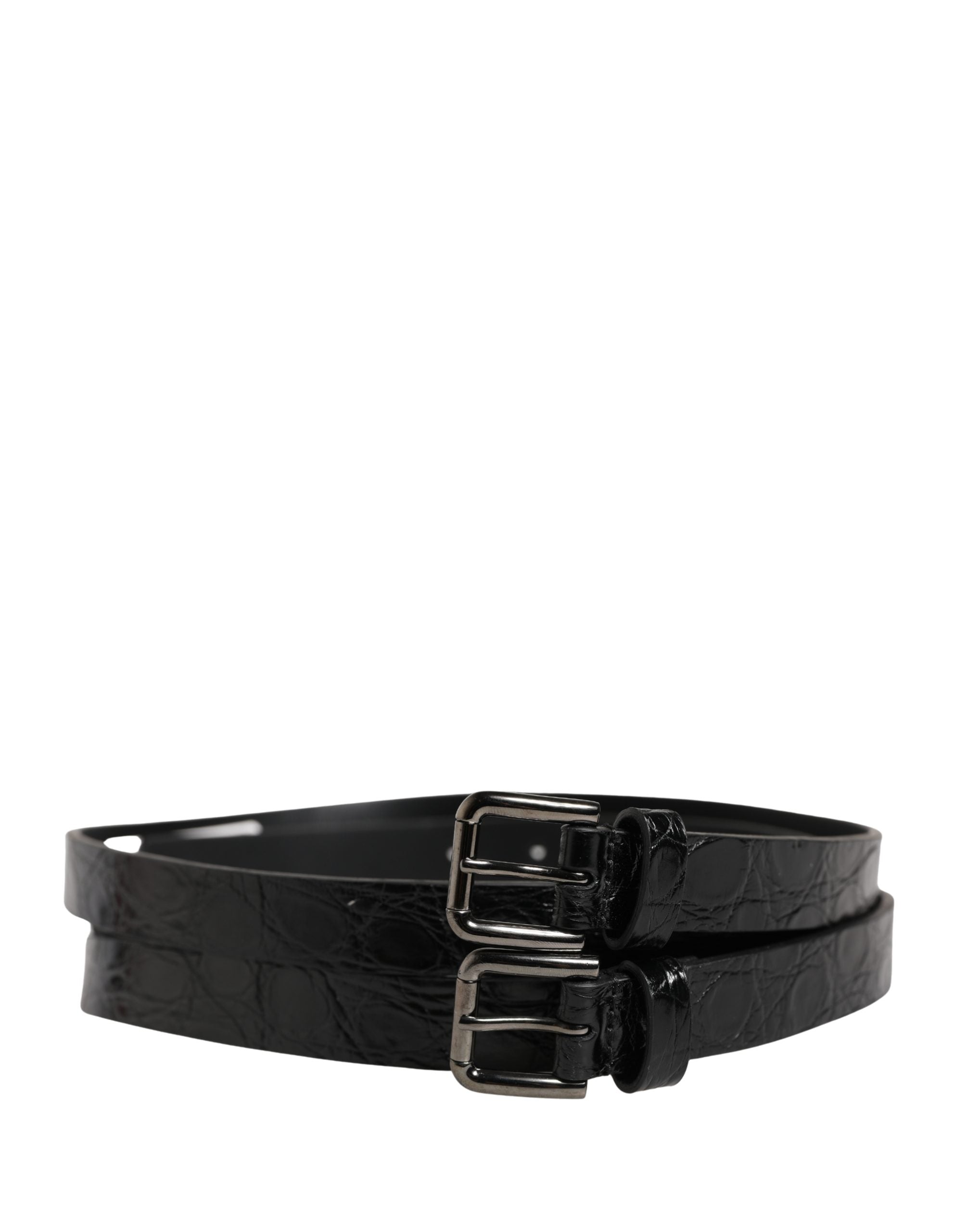 Dolce & Gabbana Black Double Strap Leather Silver Buckle Belt