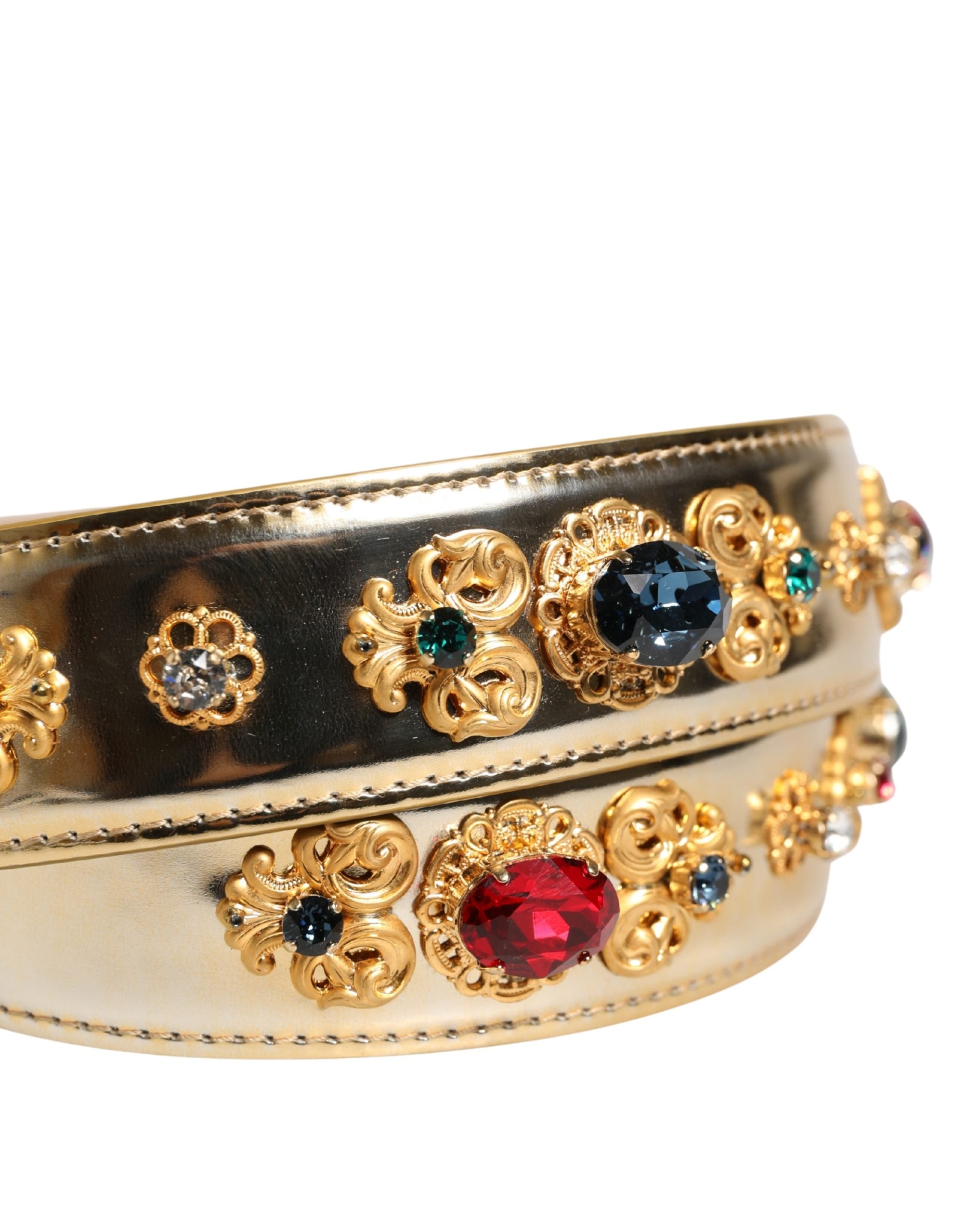 Dolce & Gabbana Gold Leather Crystals Logo Metal Buckle Belt