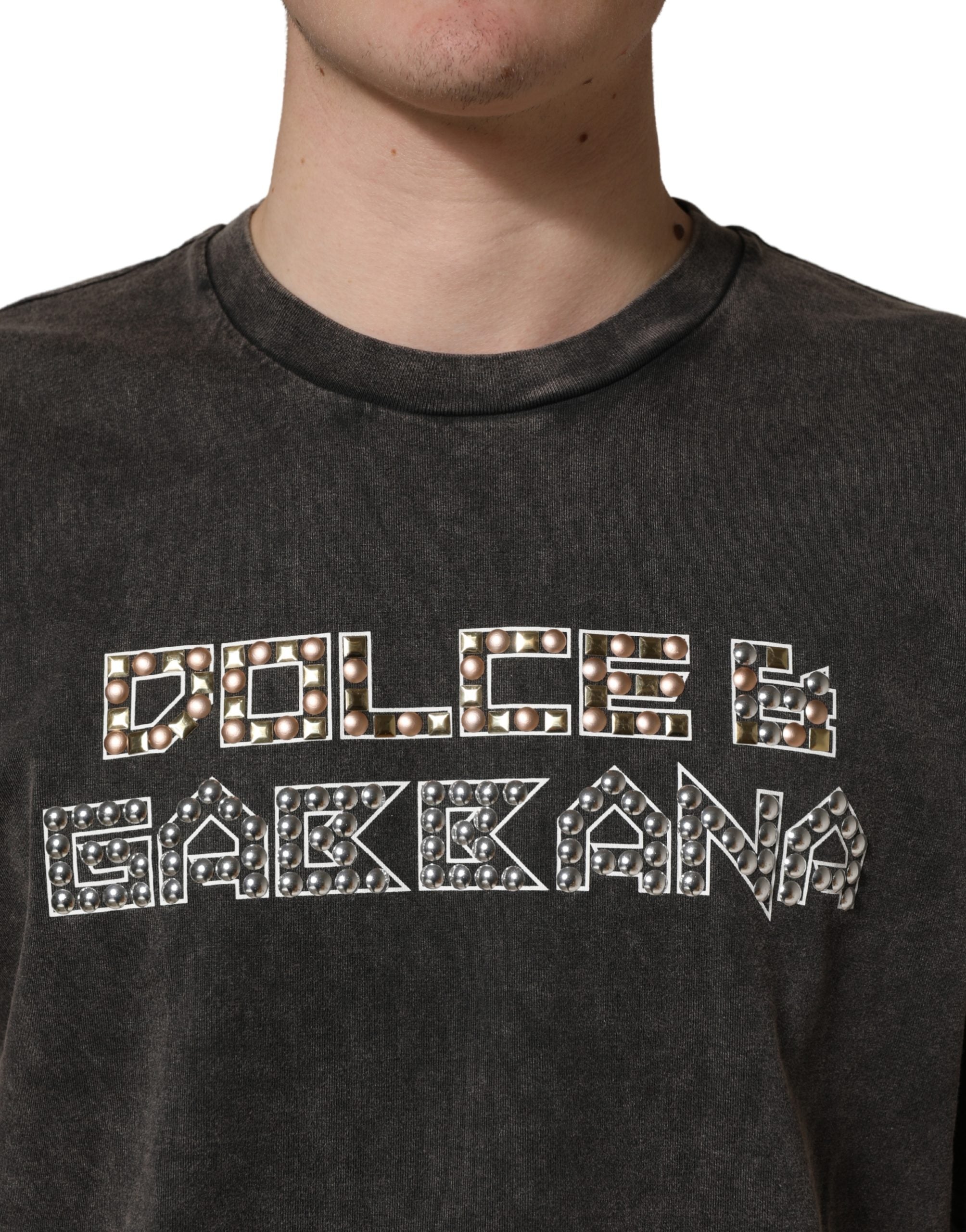 Dolce & Gabbana Gray Logo Embellished Men Crew Neck T-shirt
