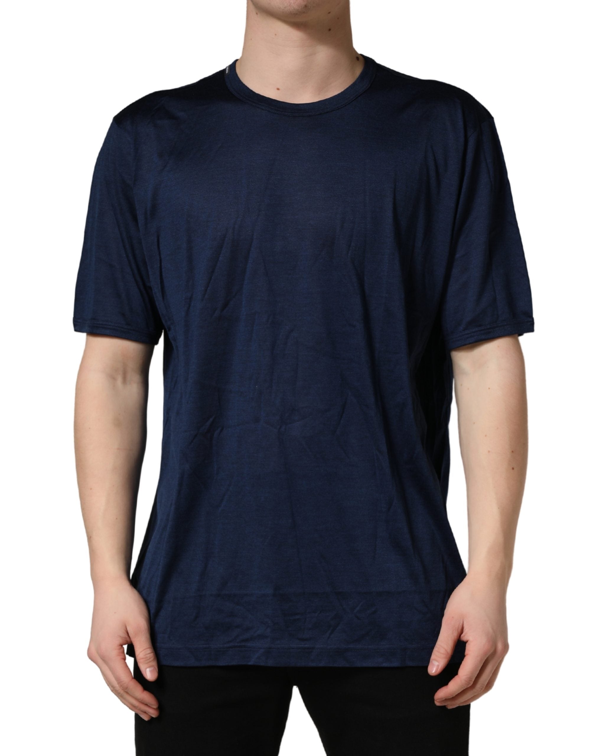 Dolce & Gabbana Dark Blue Silk Short Sleeve CrewNeck T-shirt