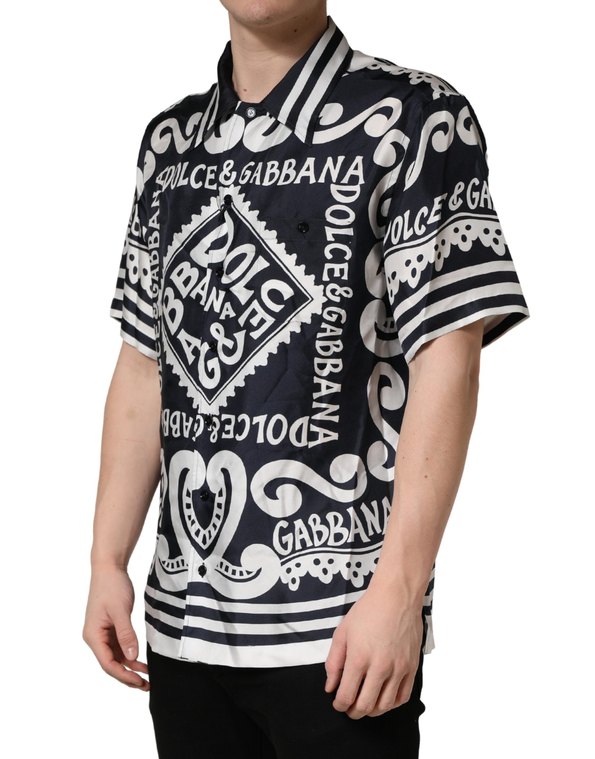 Dolce & Gabbana Black White Marina Print Silk Hawaii Shirt
