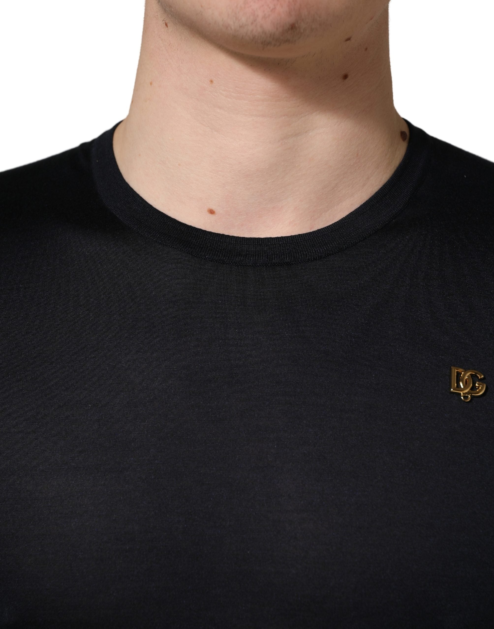 Dolce & Gabbana Dark Blue DG Logo Silk Men Crew Neck T-shirt