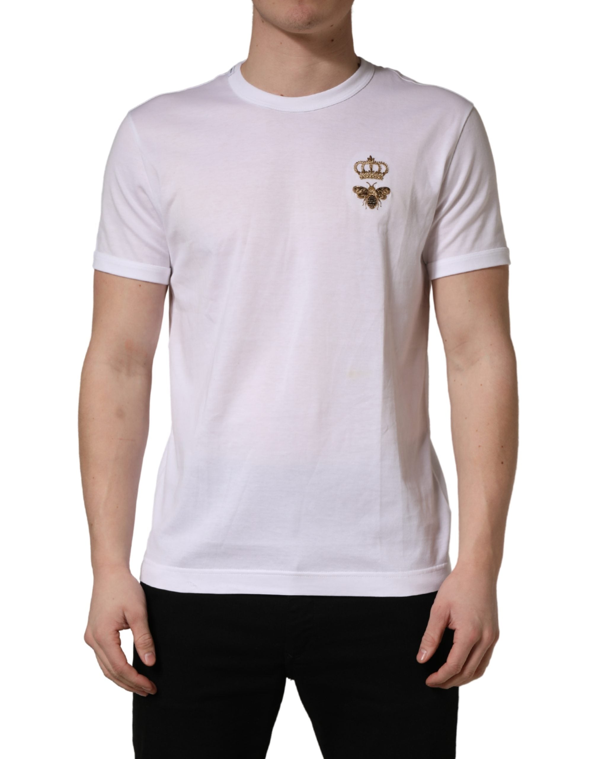 Dolce & Gabbana White Bee Crown Embroidery Cotton Men T-shirt