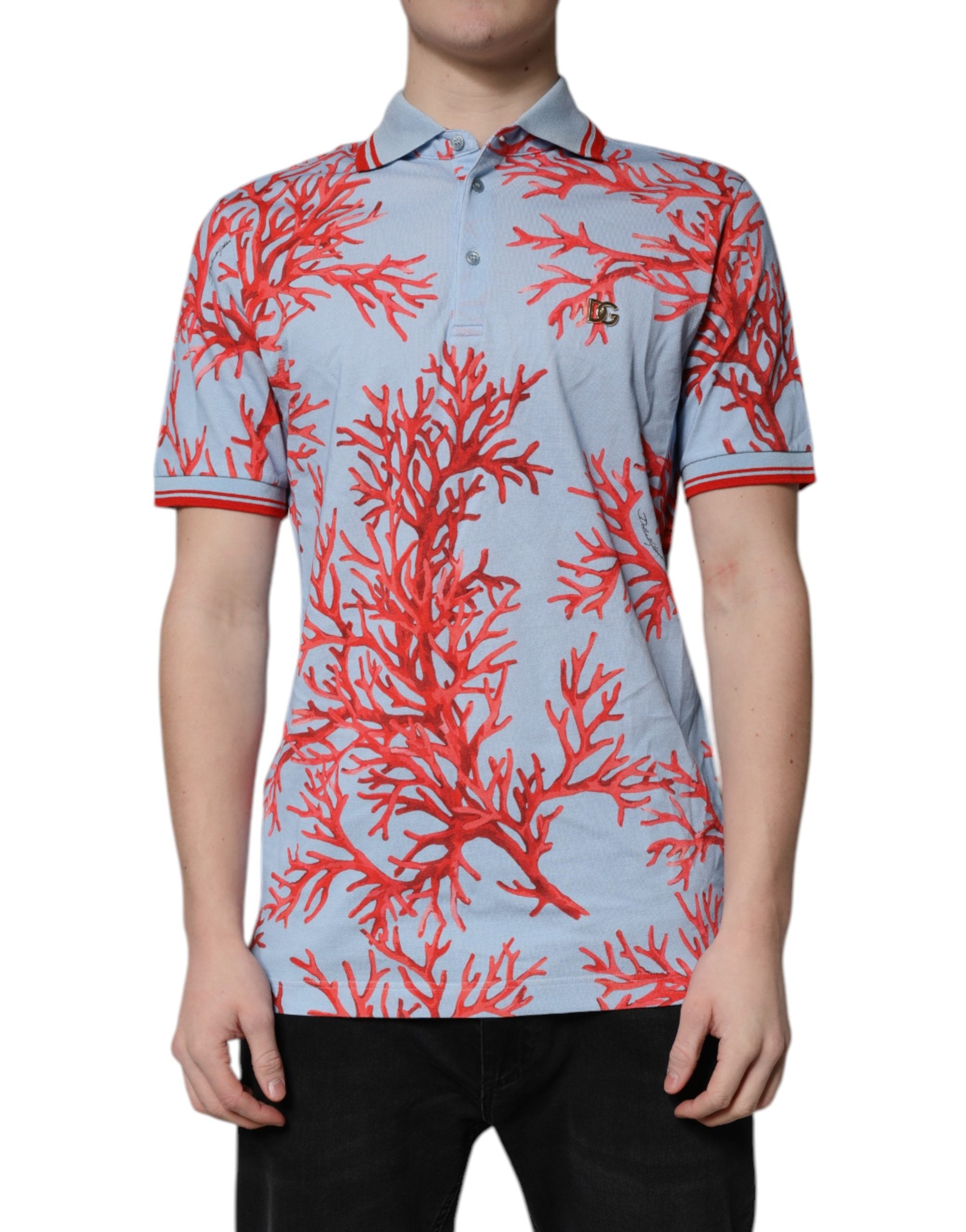 Dolce & Gabbana LightBlue Coral Cotton Collared Polo  T-shirt
