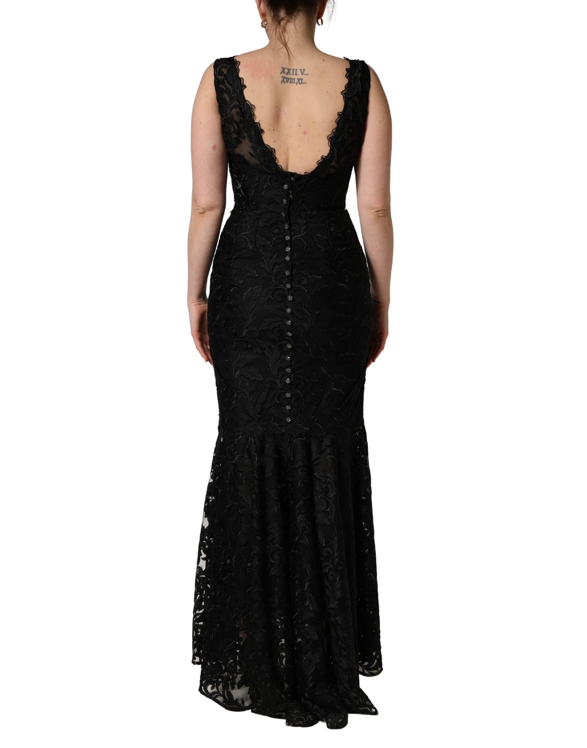Dolce & Gabbana Black Floral Lace Evening Long Gown Dress