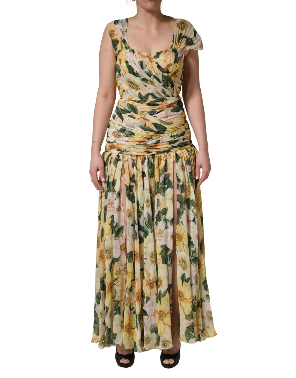 Dolce & Gabbana Yellow Silk Floral Print Pleated Maxi Dress