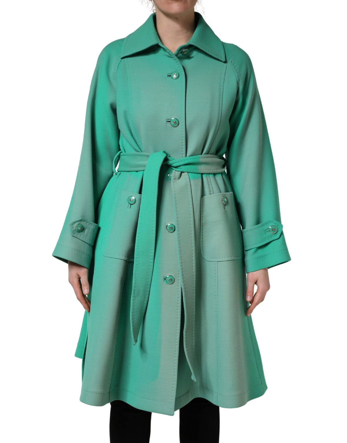 Dolce & Gabbana Green Buttoned Down Belt Trench Coat Jacket