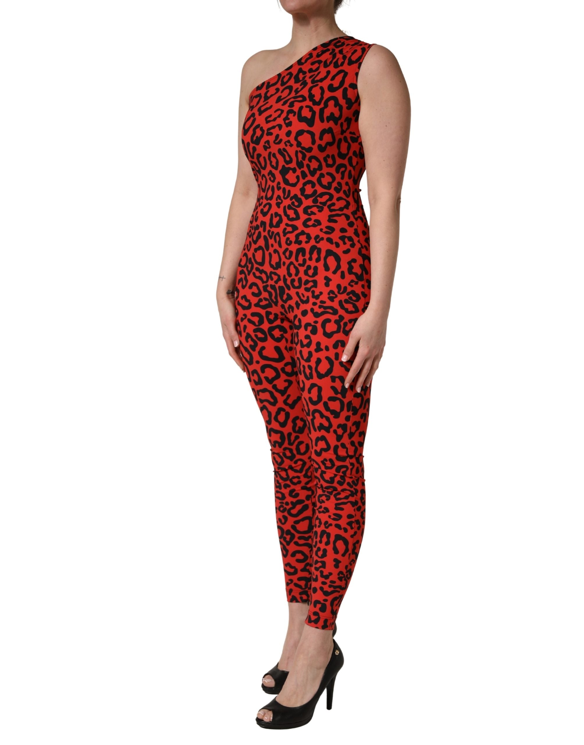 Dolce & Gabbana Black Red Nylon Leopard Pattern Jumpsuit