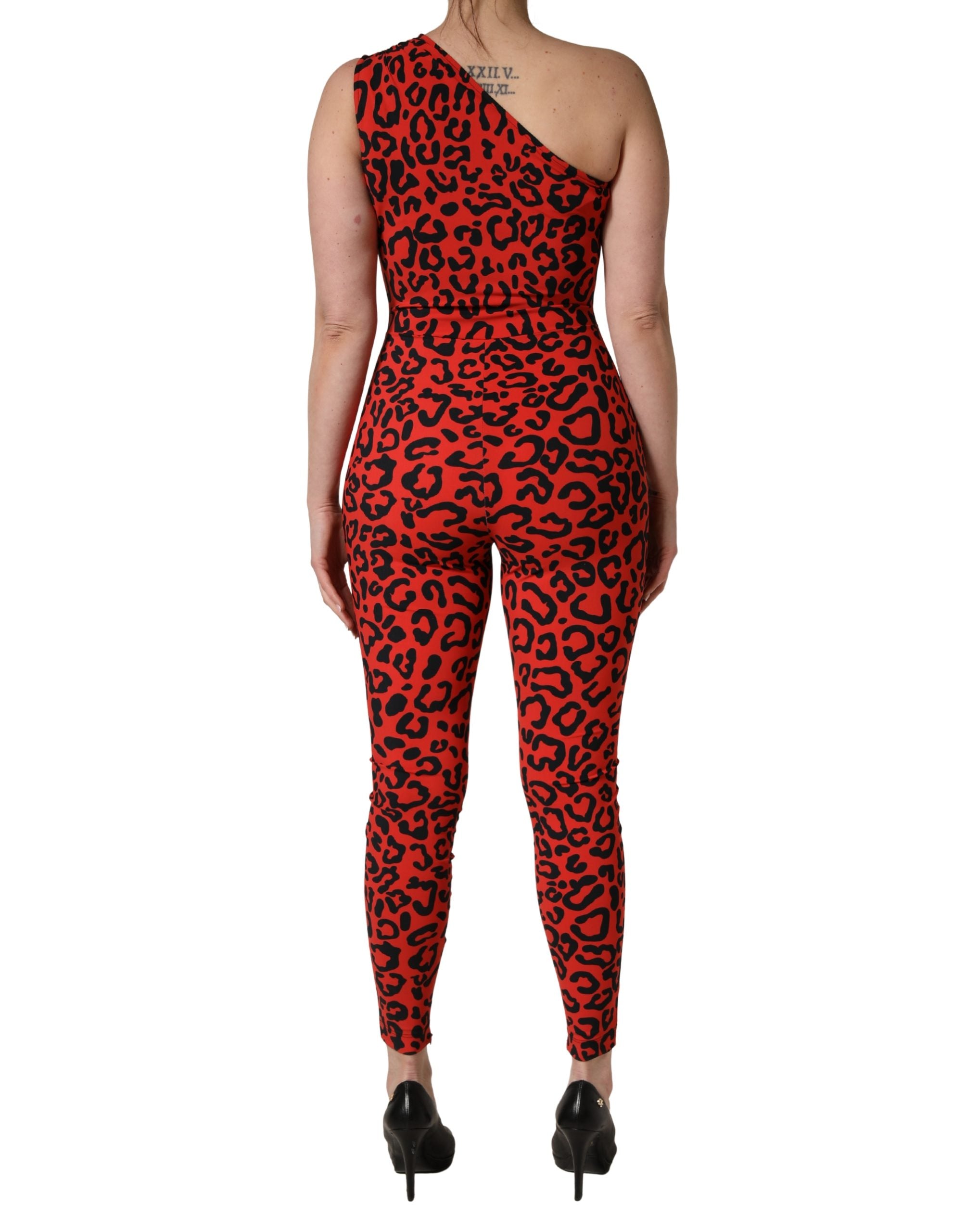 Dolce & Gabbana Black Red Nylon Leopard Pattern Jumpsuit