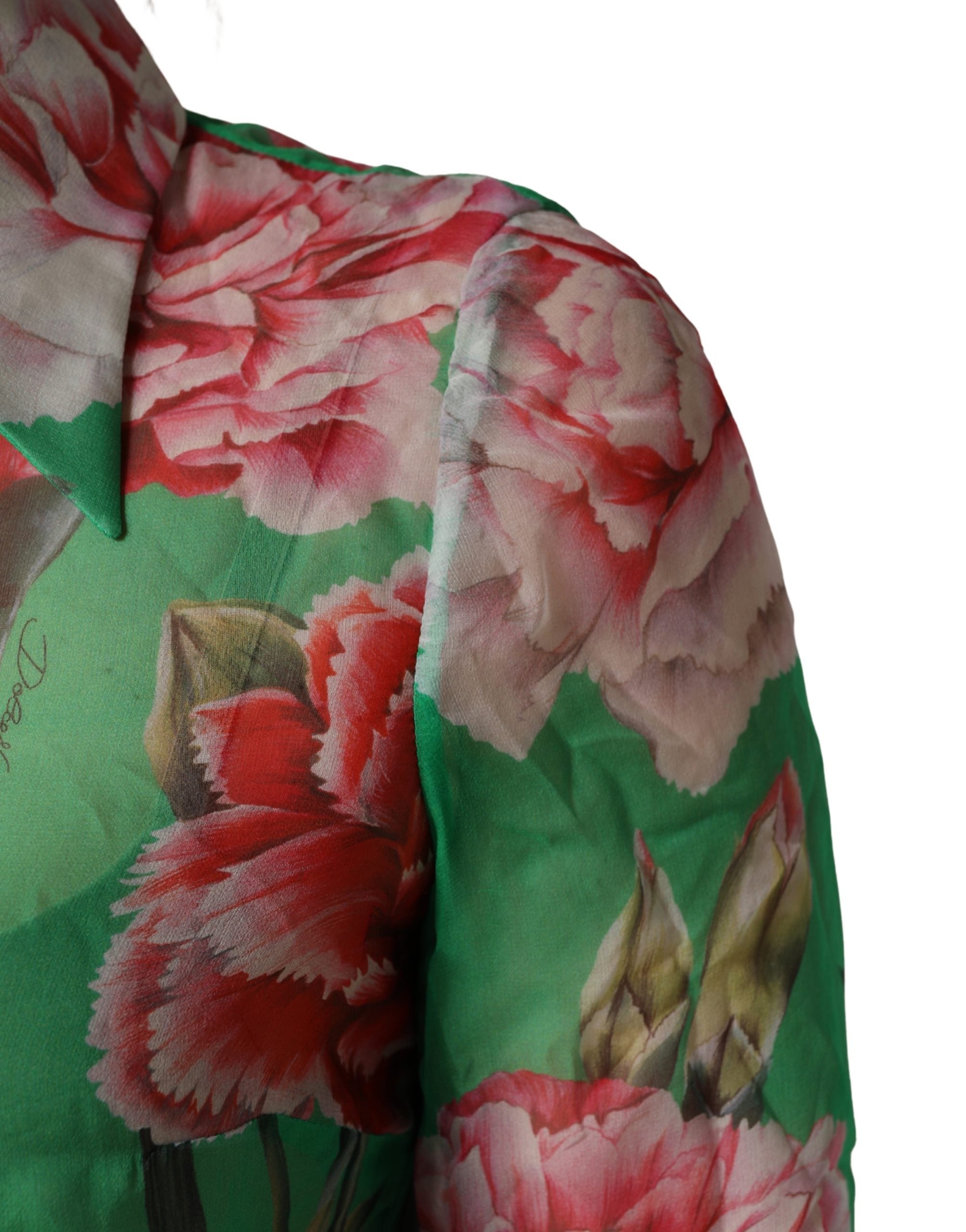 Dolce & Gabbana Green CarnationPrint Silk Collared Blouse Top