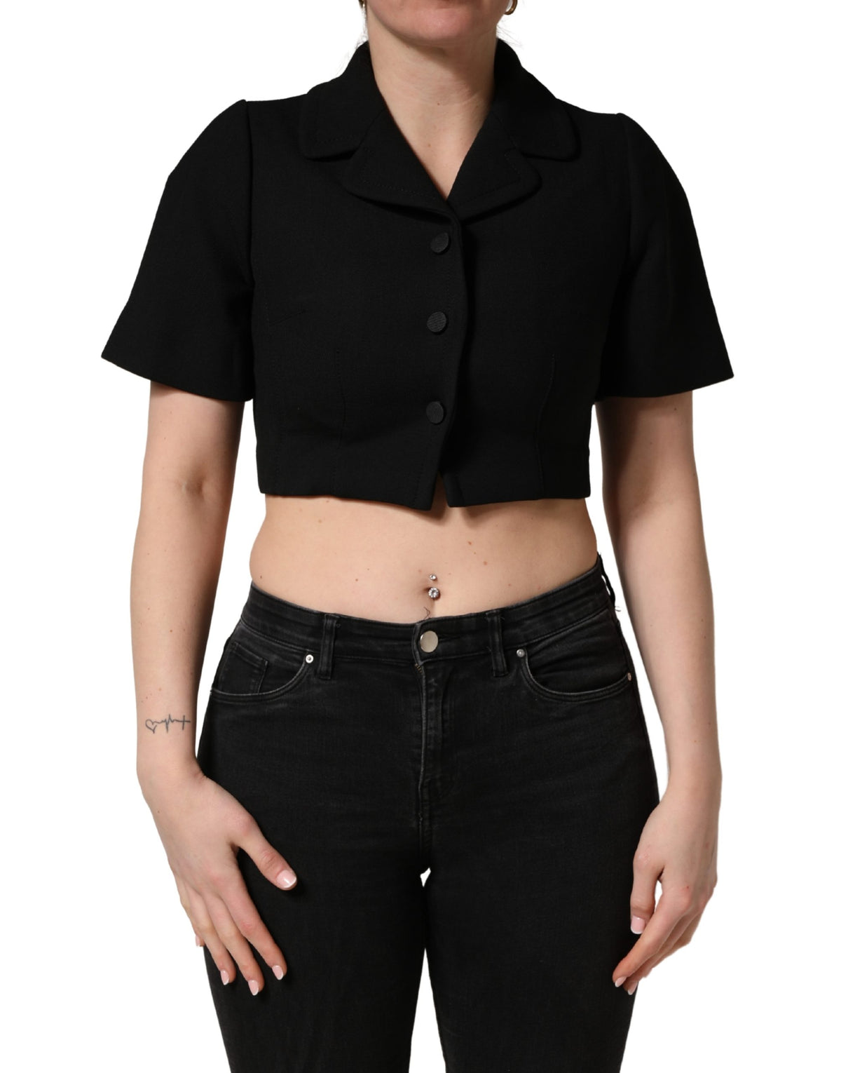 Dolce & Gabbana Black Collared Short Sleeves Cropped Blouse Top
