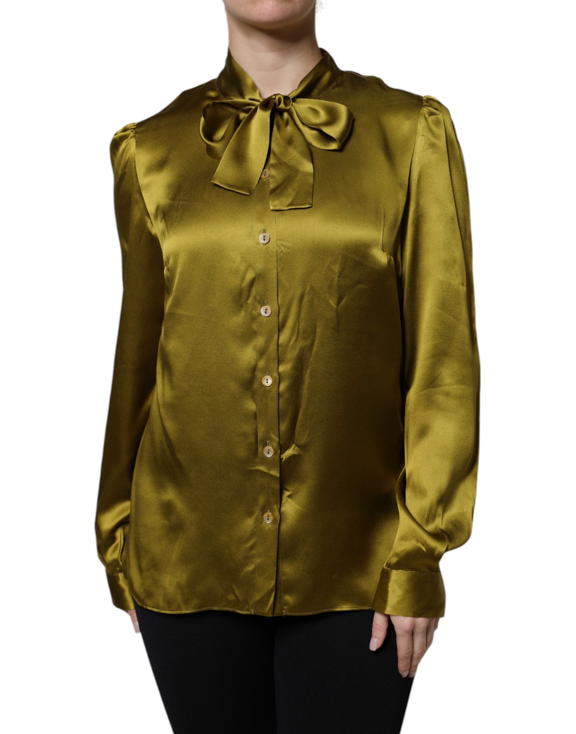 Dolce & Gabbana Green Satin Long Sleeve Ascot Tie Shirt Top