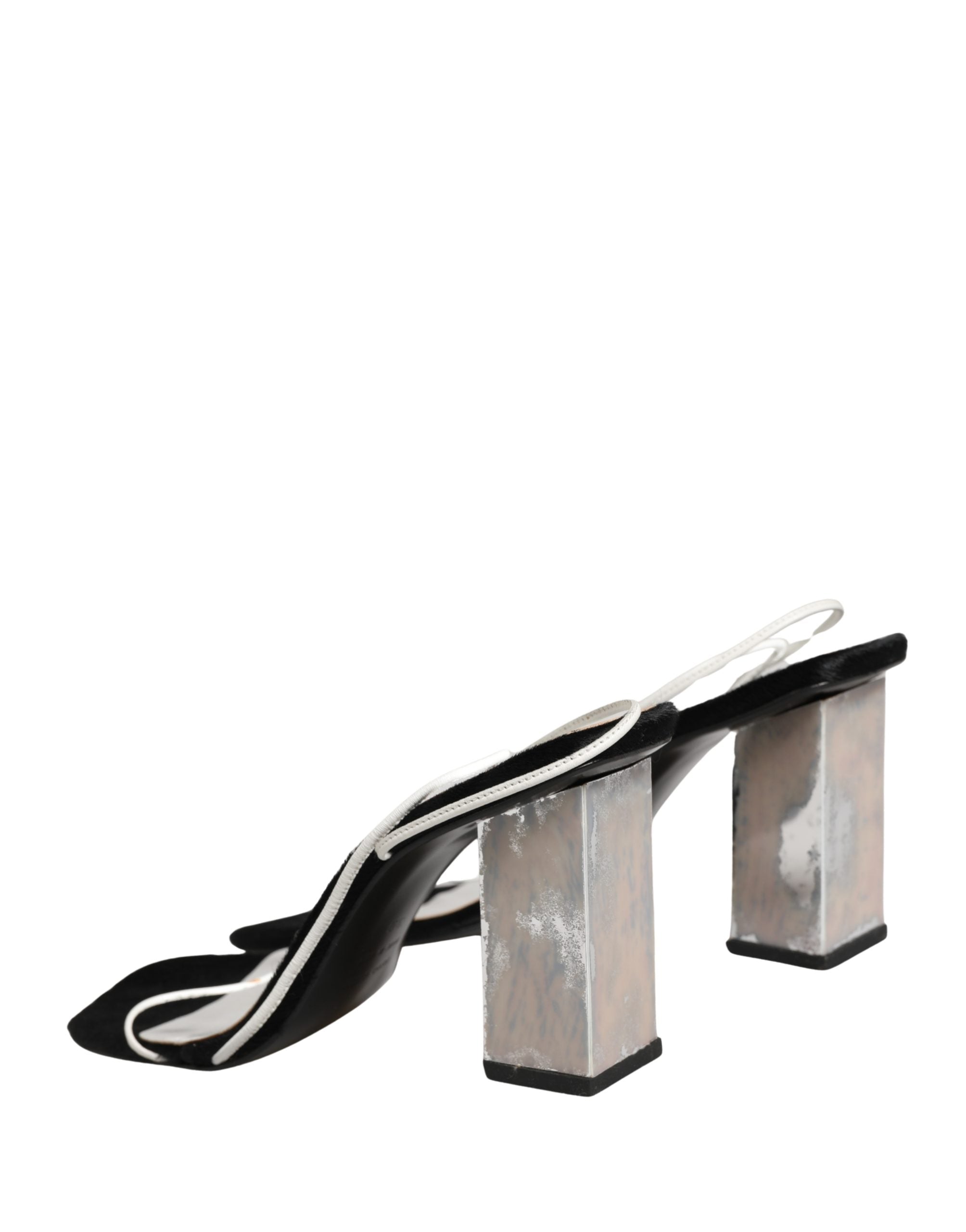 Dolce & Gabbana Silver Black Leather Block Heels Sandals Shoes