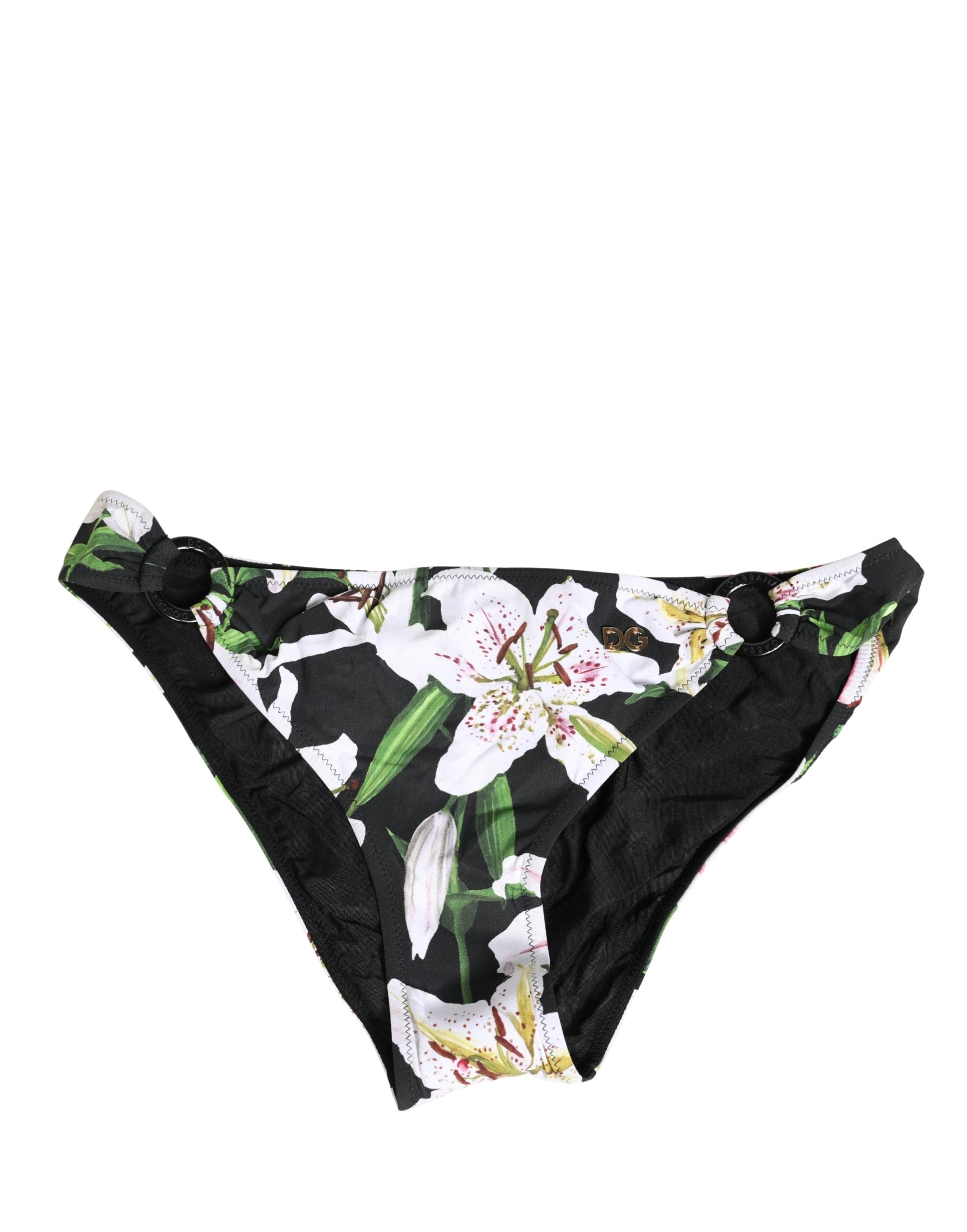 Dolce & Gabbana Black Lily Print Nylon Bottom Beachwear Swimwear