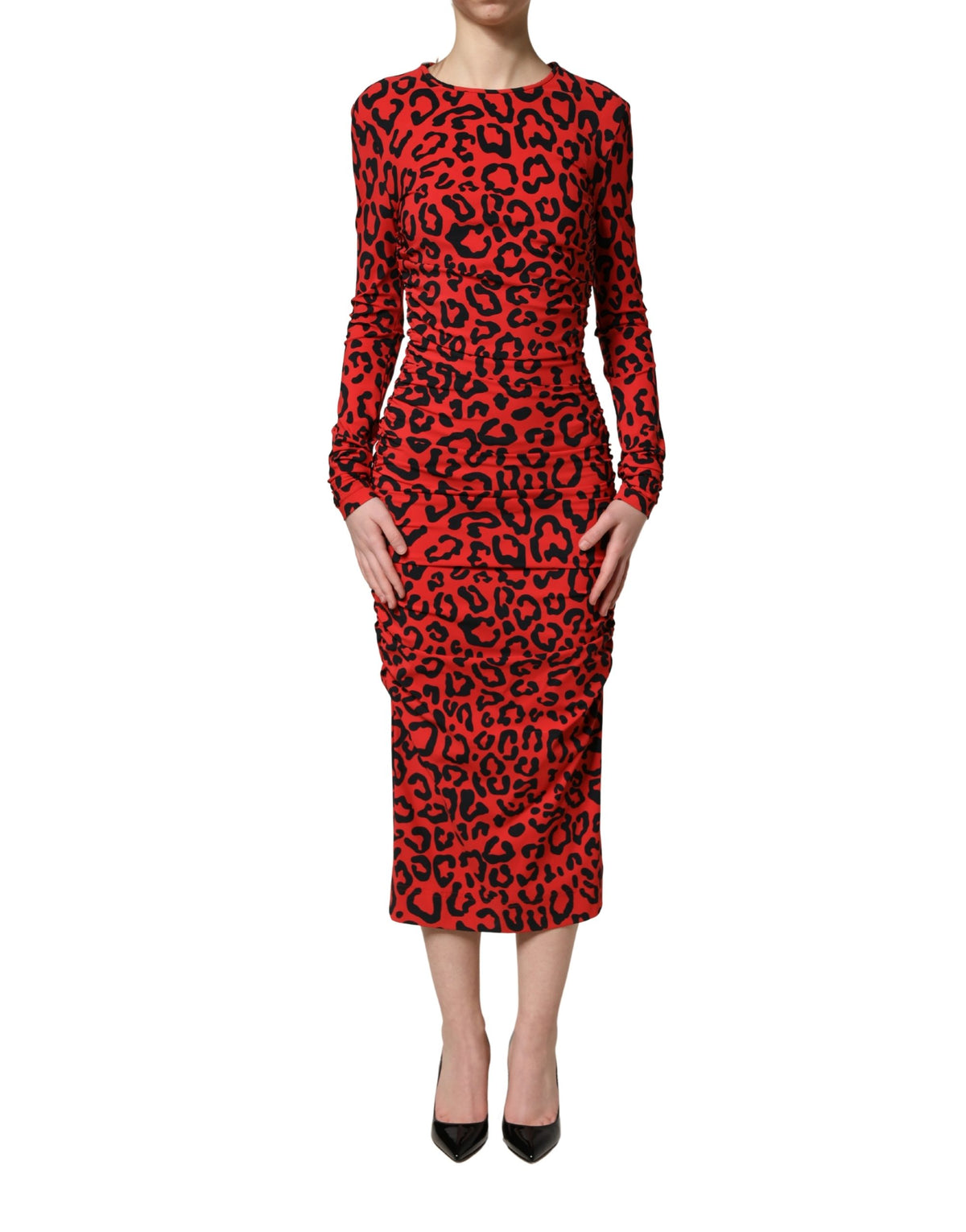 Dolce & Gabbana Red Leopard Print Long Sleeves Midi Dress