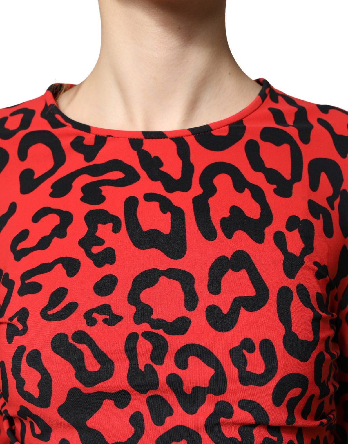 Dolce & Gabbana Red Leopard Print Long Sleeves Midi Dress