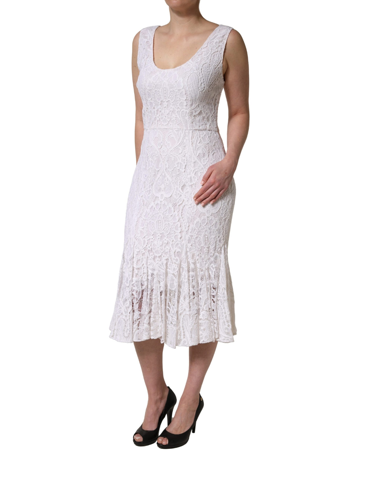 Dolce & Gabbana White Floral Lace Sleeveless Midi Dress