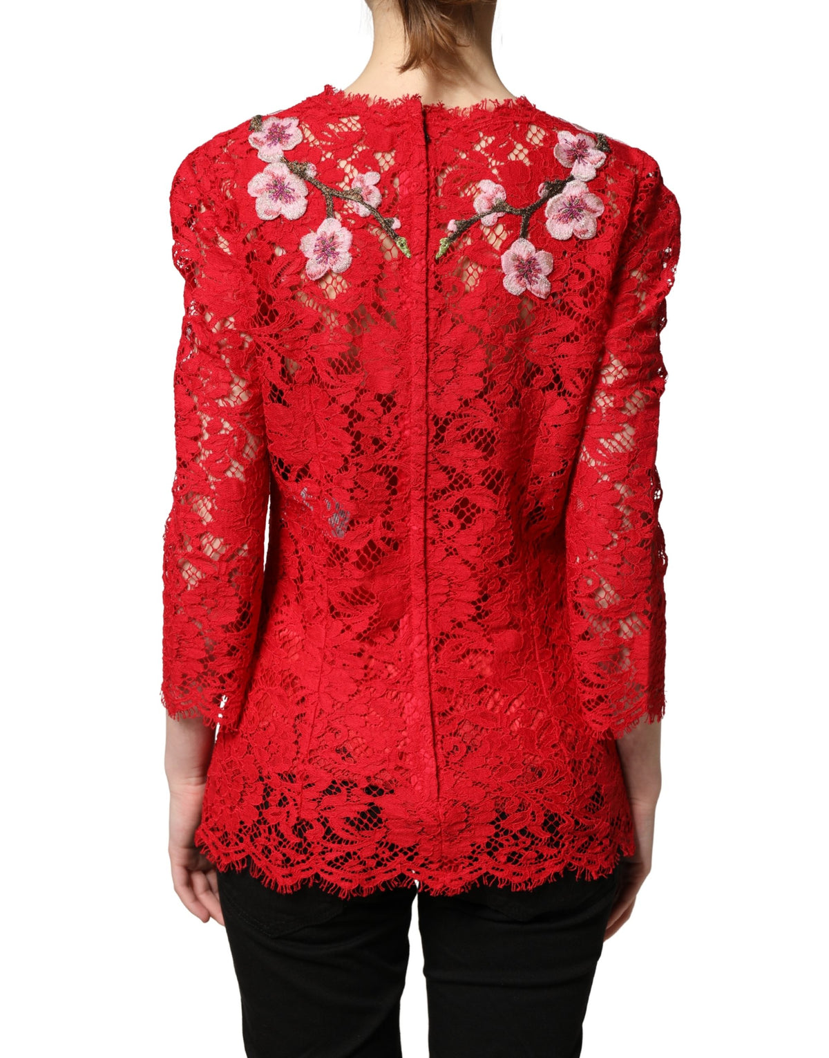 Dolce & Gabbana Red Lace Floral Embroidery Long Sleeves Top