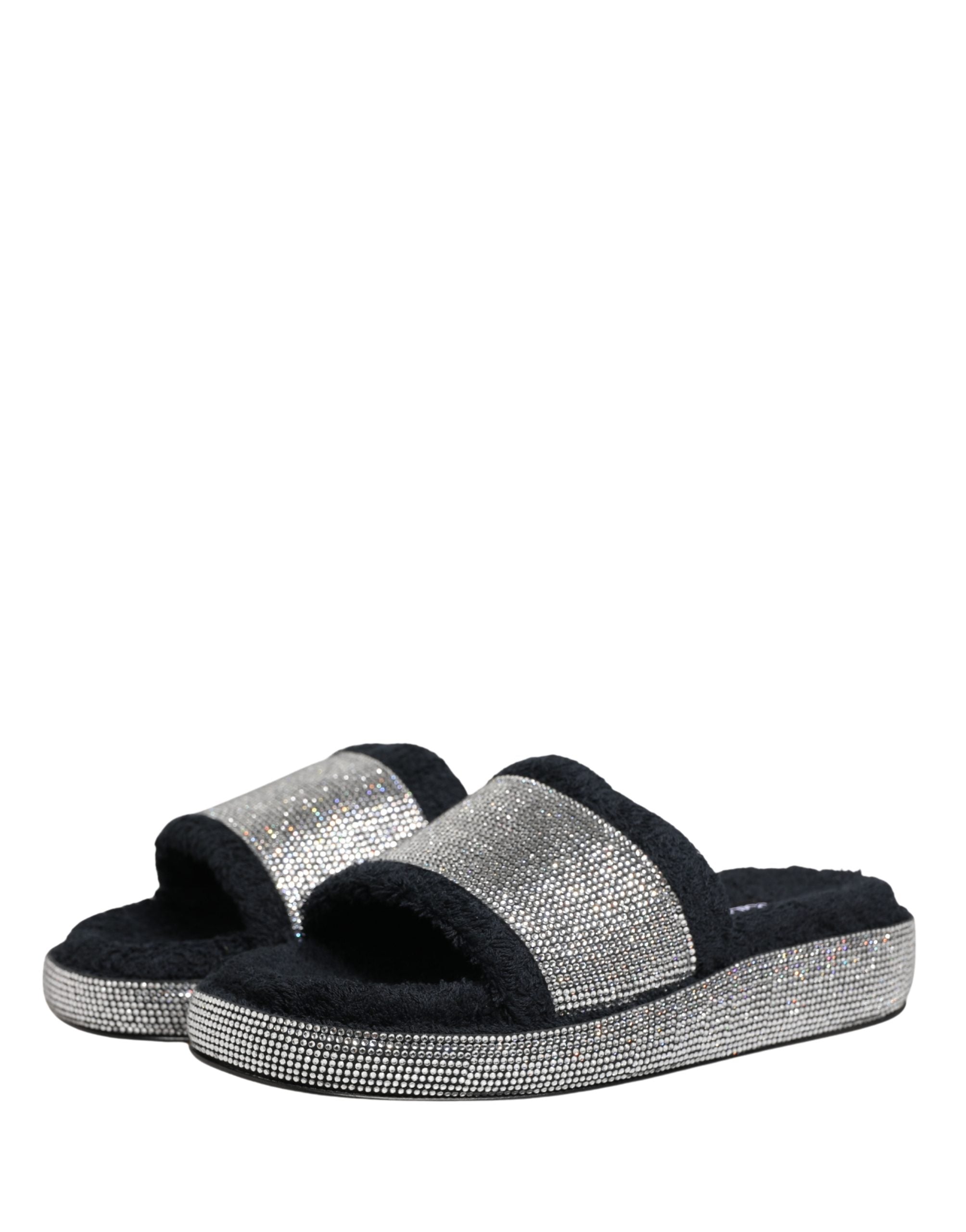 Dolce & Gabbana Black Crystal Embellished Platform Slides Shoes
