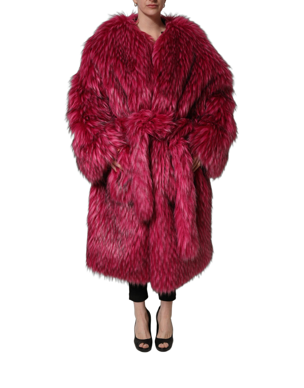 Dolce & Gabbana Fuchsia Belted Faux-Fur Trench Coat Jacket