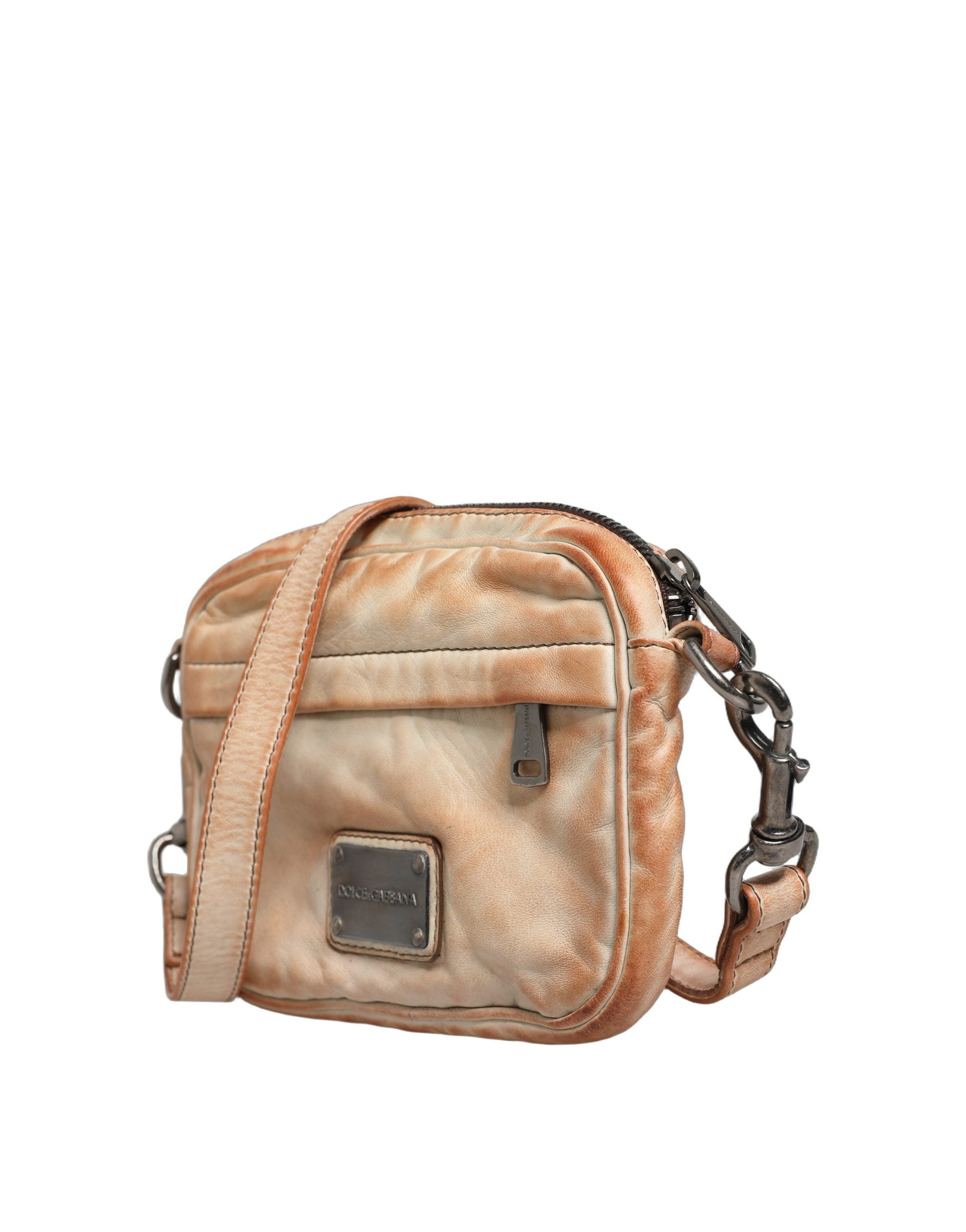 Dolce & Gabbana Beige Vintage Leather Logo Plaque Shoulder Borse Men Bag