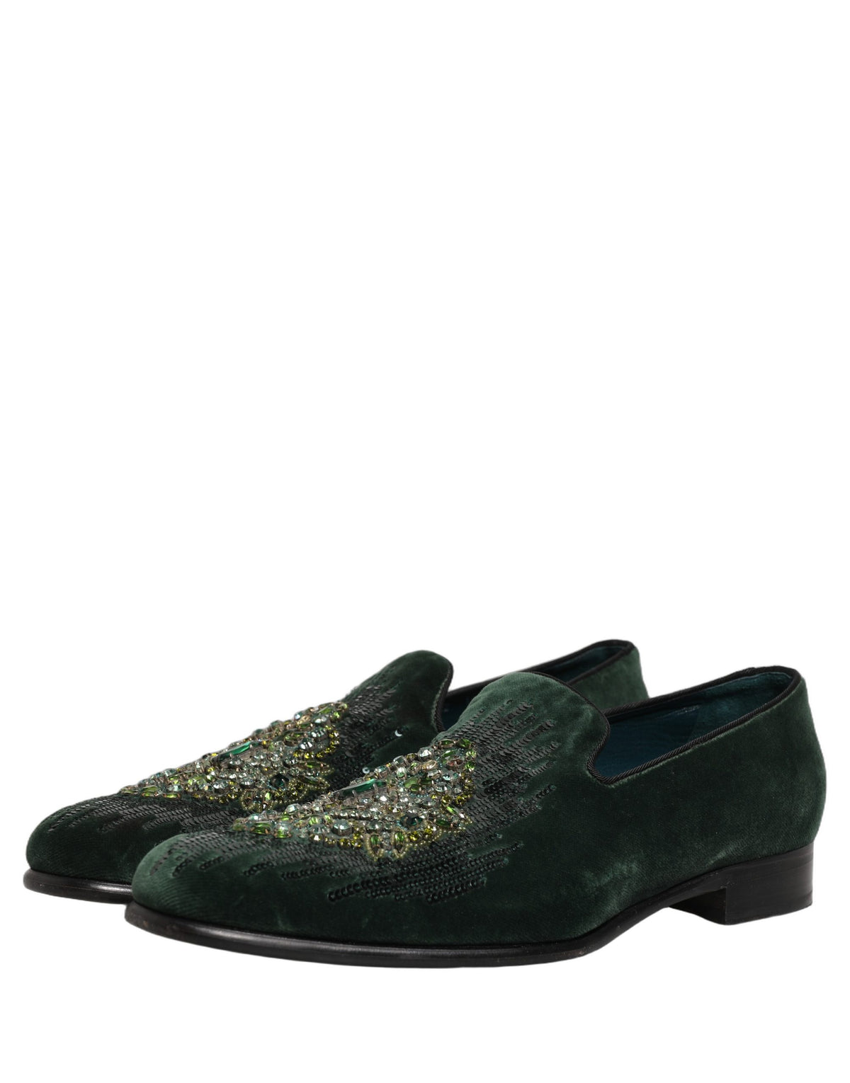 Dolce & Gabbana Green Velvet Embellished Dress Loafers Shoes