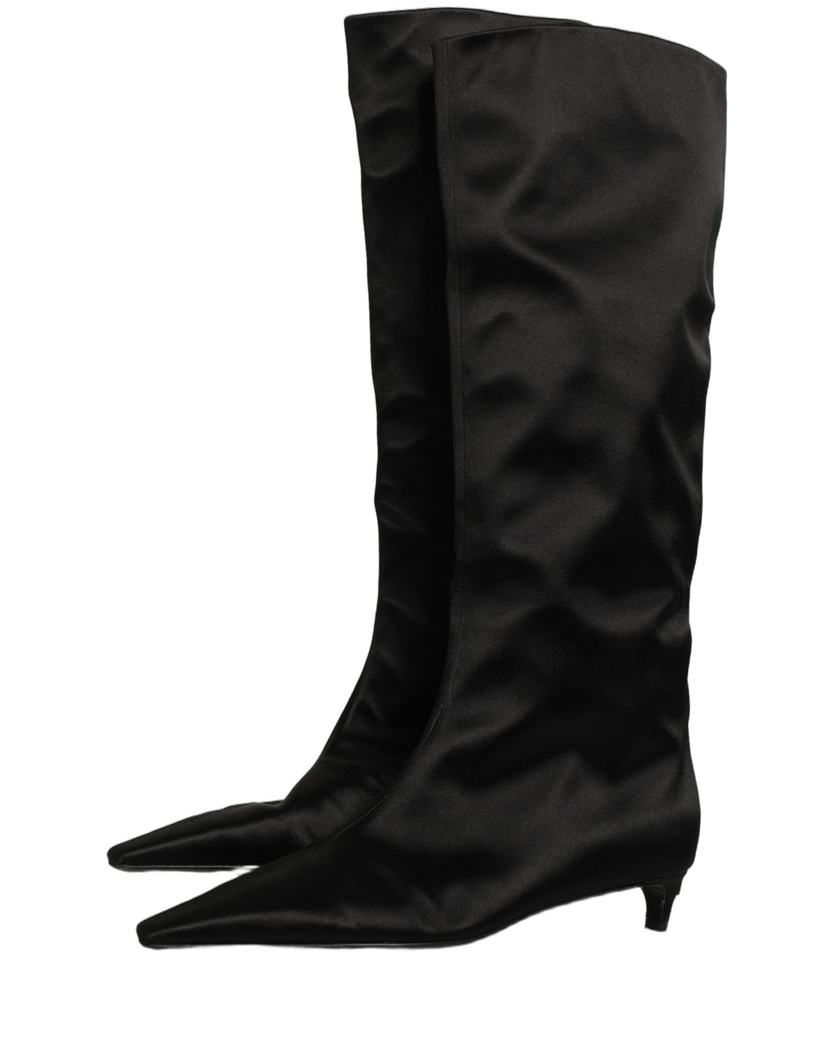 Dolce & Gabbana Black Satin Knee High Kitten Boots Shoes
