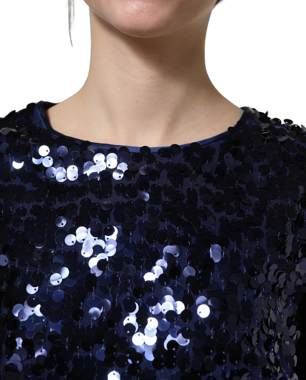 Dolce & Gabbana Blue Sequined Long Sleeves Crop Blouse Top