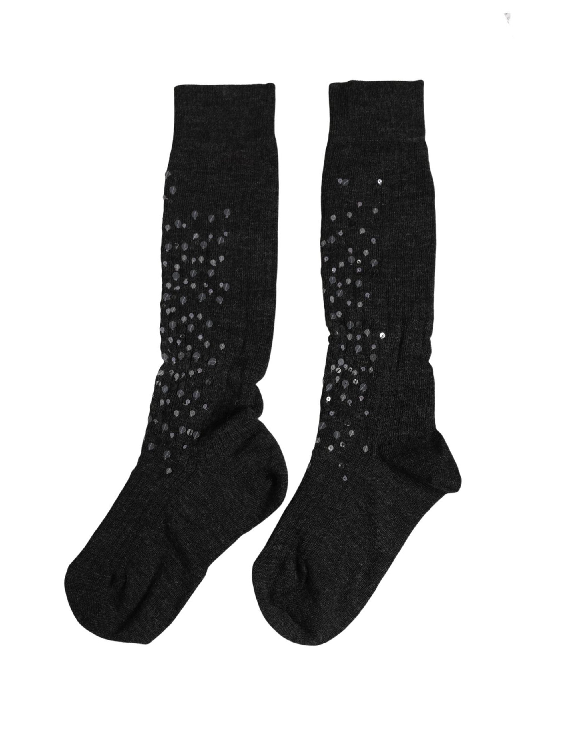 Dolce & Gabbana Dark Gray Sequined Wool Knee High Accessory Socks