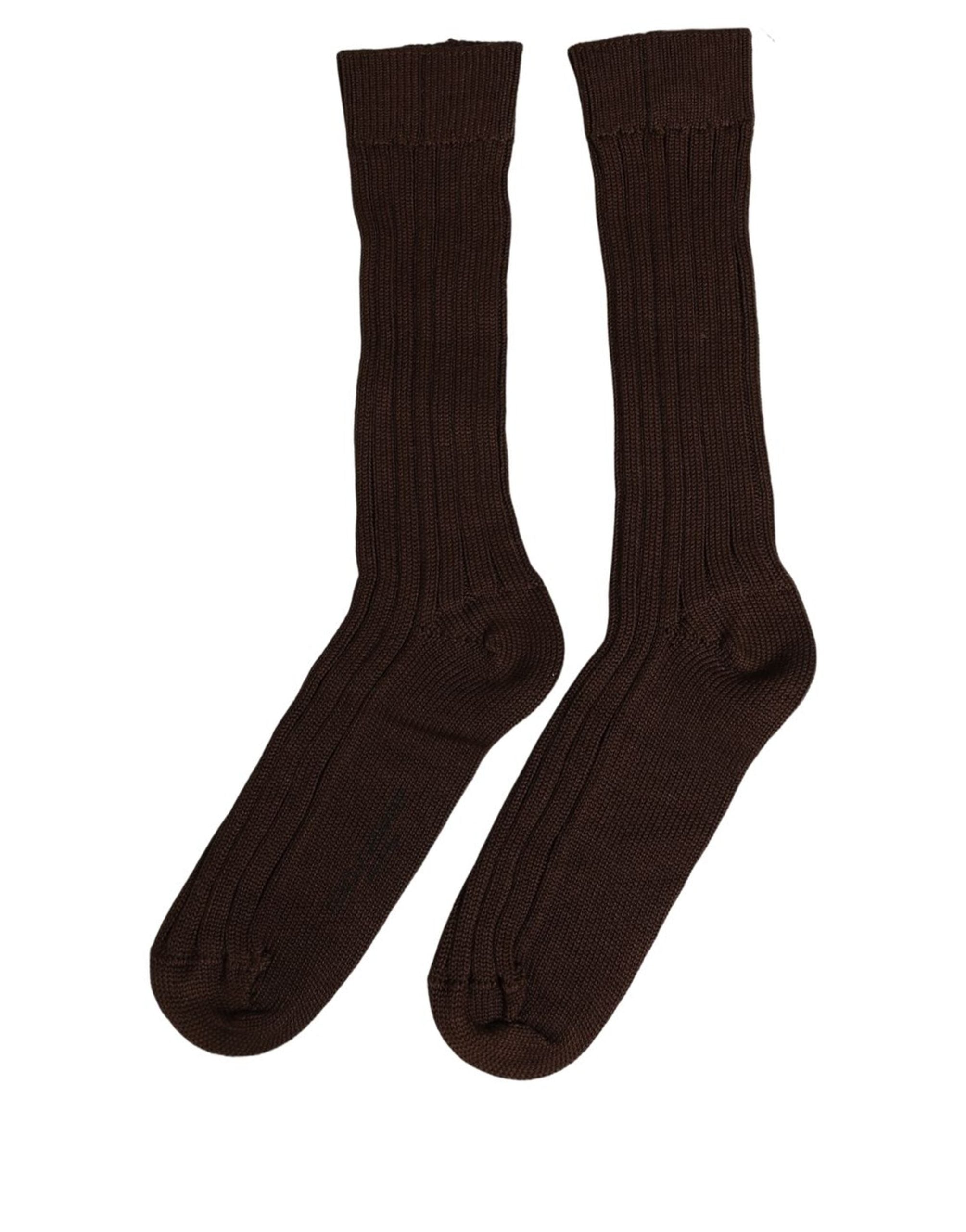 Dolce & Gabbana Dark Brown Nylon Ribbed Over The Calf Socks
