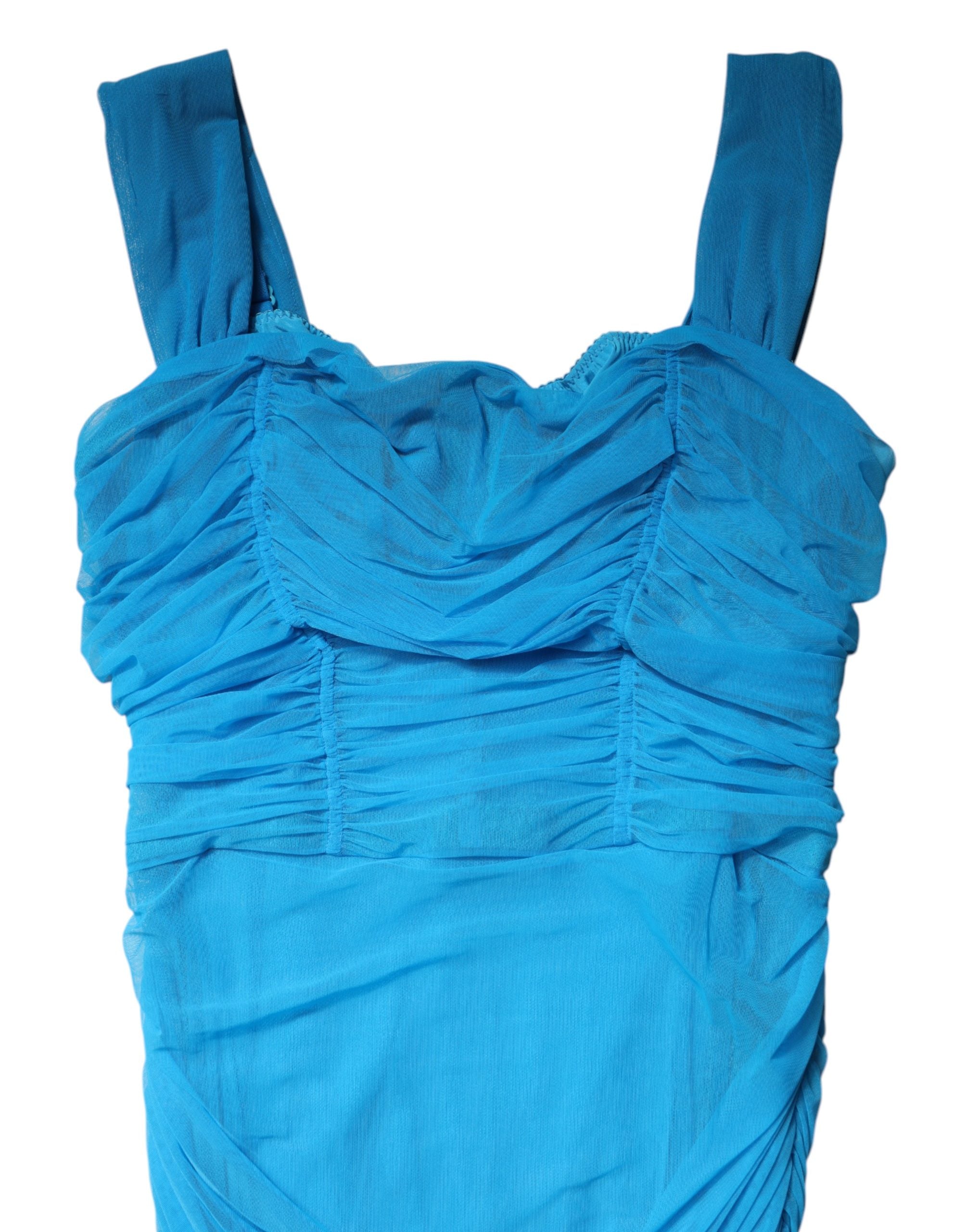 Dolce & Gabbana Blue Ruched Tulle Midi Square Neck Dress