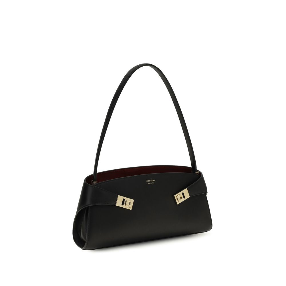 Ferragamo Black Calf Leather Bos Taurus Shoulder Bag