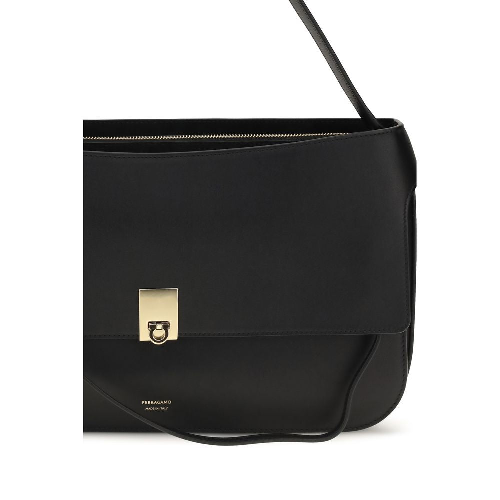 Ferragamo Black Calf Leather Bos Taurus Shoulder Bag