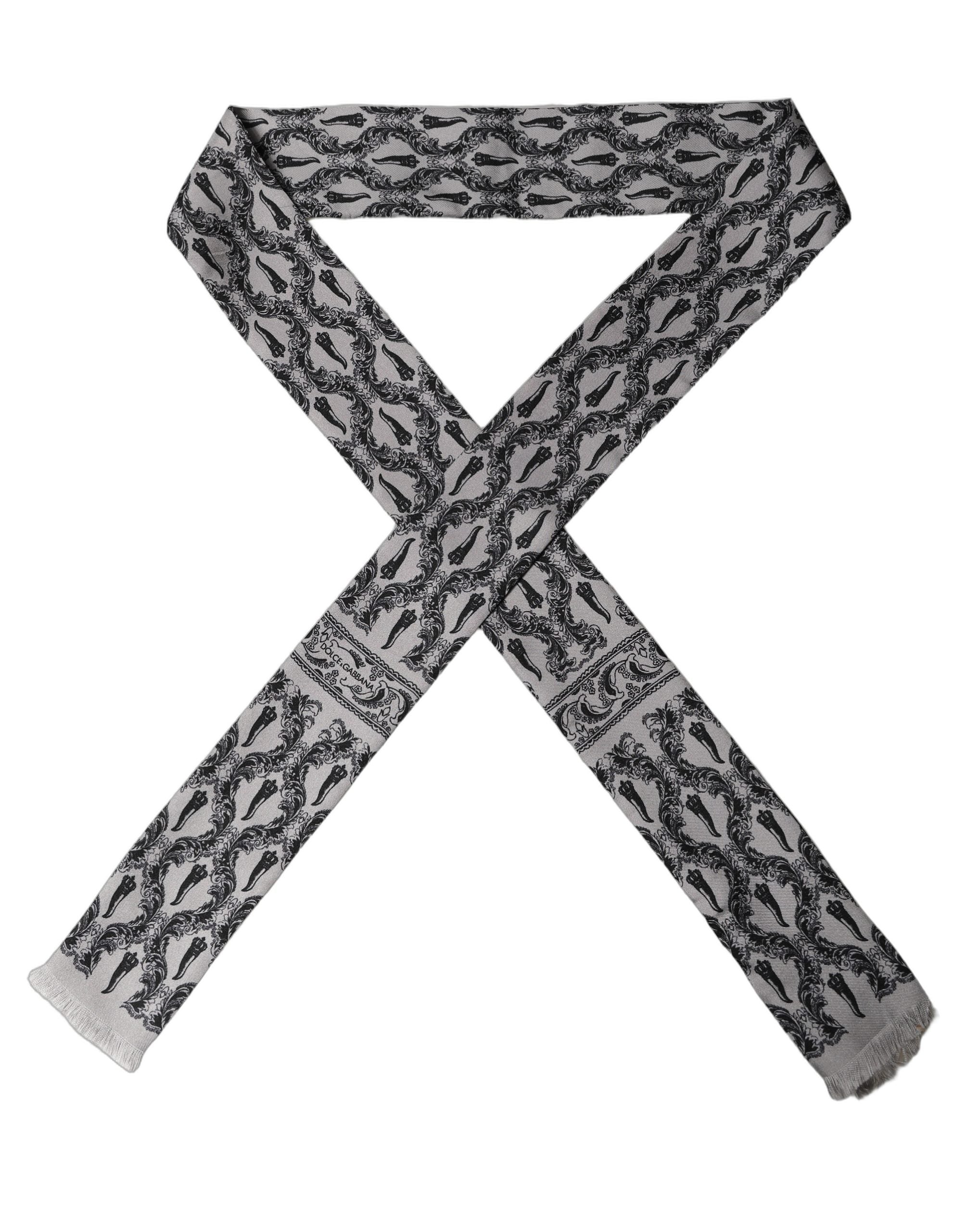 Dolce & Gabbana Gray Baroque Silk Fringed Skinny Foulard Scarf